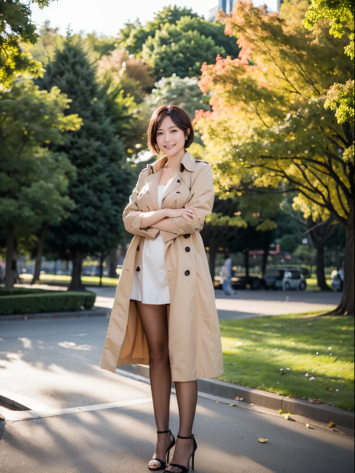 (Raw photo:1.2), (realistic:1.4),beautiful detailed woman,非常にfine eyesと顔, fine eyes, Super detailed,High resolution, very detailed,highest quality,enlightenment,unified,8k wallpaper,masterpiece,highest quality,1 female,alone,rich,Full body Esbian,(Slightly chubby body type:0.7),meaty legs,alone,(wearing a red strap dress:1.5),He wears his trench coat with the front open.、(standing with arms spread horizontally:1.6)、(pantyhose:1.4)、(high heels:1.5)、jewelry, necklace ,short hair,gentle smile,dignified atmosphere,black eye,realistic,(Hibiya Park:1.5)、 (morning park:1.2)