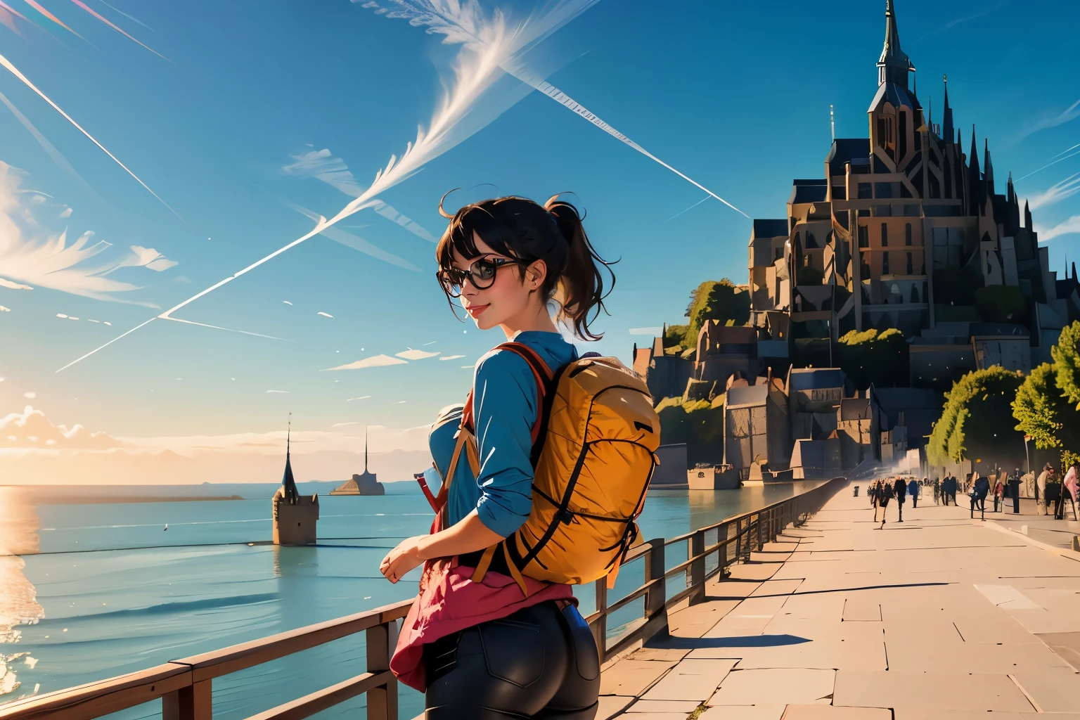 ((wide angle shot)) beautiful female tourist, black hair, ponytail, bangs, wearing large glasses, smirk, ((wearing a Backpacker style outfit)), morning light, Mont Saint-Michel, Normandy