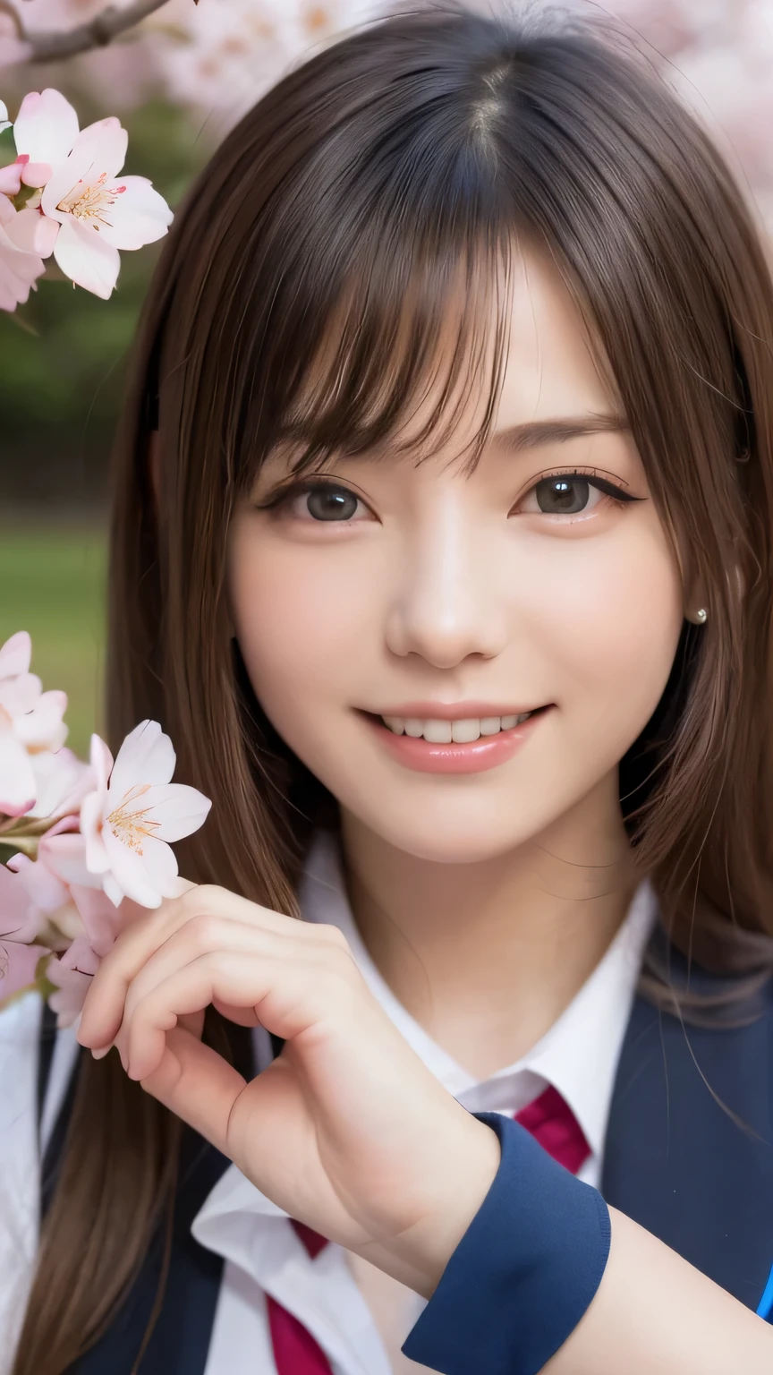 one girl, (a beauty girl, delicate girl:1.3), (14 years old:1.3),
break, (spring, cute uniform:1.3),
break, (Street view:1.3), (cherry blossoms fall:1.3), (wool gloves), perfectly trimmed fingers,
break, very fine resolution, (symmetrical eyes:1.3),
break, small breasts, brown eyes, parted bangs, brown hair,  girl,
break, (Eye and face details:1.0), (get closer to the face, enlarge the face, face focus:1.0),close up of face,
break, (masterpiece, highest quality, Super detailed, detailed face, 8K),SakuraFubuki,cherry blossom petals,smile,random pose、blue eyes、white gloves,ponytail、SakuraFubuki、gloves、break,dynamic pose,smile