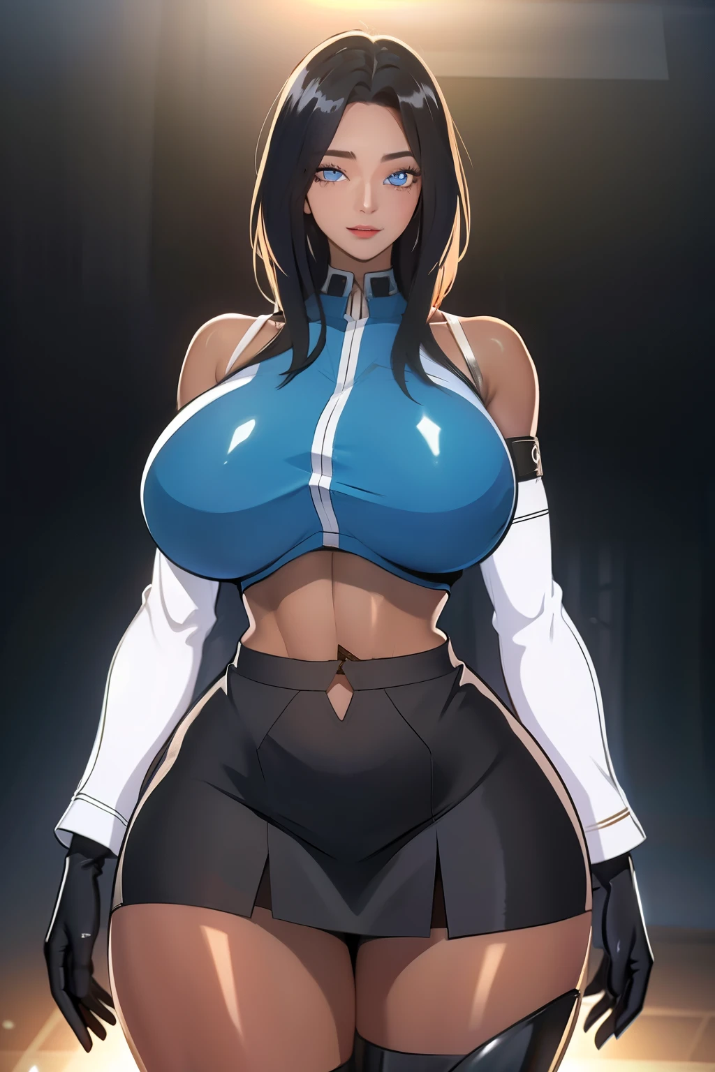 masterpiece, best quality, absurdres, 8k, perfect shadows,perfect lighting,hdr, cowboy shot,shiny skin,skindentation, beautiful body, kafka, ((black hair: 1.4)), long hair, (blue eyes: 1.4),  (crop top, underboob, elbow gloves, thigh boots, split skirt,  shoulders, curvy, midriff, curvy, thighs, higheels, shiny clothes), complex detailed background, inside, luxury palace) (gigantic breasts,hourglass body, thin waist,very slim waist)extremely detailed face,detailed eye makeup, detail face, nice detailed eyes,nice hands, perfect hands (realistic pupils,realistic iris:1) heavy eye makeup,glowing eyes, Bright eyes,standing,standing at attention,(seductive smile), , curvy, cowboy shot, (( tan skin: 1.1)), (( tan face: 1.1))