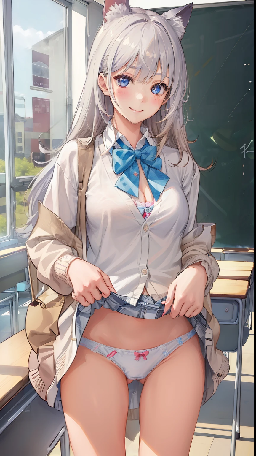 ((1 girl:1.mile:1.5)、、(cowboy shot)、(fun!!)、(white cardigan:1.5)、(dog ears)、(silver hair)、blush、(long hair)、(eye highlights:1.3)、blake black shoes,(黒いskirt:1.5)、bow, buttonirt with collar, long sleeve, ((red bow tie, ,, white shirt, チェック柄のskirt:1.5、white socks)),, shirt,, skirt, socks, thighs, white shirt, Rest indoors, ((classroom:1.5))、 BREAK while watching the audience、 (perfect hands, perfect anatomy),cowboy shot、(skirtlift:1.3),(highly detailed white panties:1.hly detailed panties:1.3)、、(skt rolls up(fully exposed panties:1.5)、light blue eyes