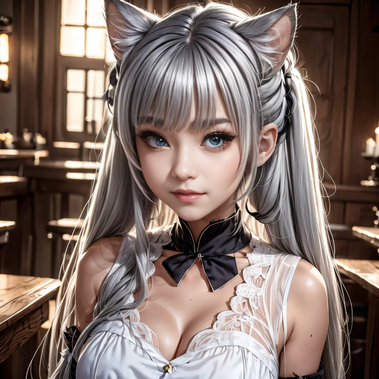 masterpiece. A full-body picture of a gorgeous model ((stunning face, smokey anime eyes, thin eyebrows, long eyelashes, flirty smile, winning smile, mid-twenties, DD-size breasts, anime hair color)) with a playful smile, full body shot. in an apartment, tattered skirt ((Asian inspired)), chocker around her neck, thick thighs, She is strong and sinewy with easy-going Playful eyes ((large almond-shaped smokey anime-style eyes)). she's turning her head to one side and tilting down slightly while biting her lower lip and large anime smokey eyes turned focused on the viewer, lounging at the bar, Strong, rough, and sinewy. Intricate, symmetrical face, detailed face features, soft skin, plaster modeling, delicate detail, intricate details, painstaking attention to detail, Split Lighting, dof, gorgeous, irresistible, perfect, polished, radiant, detailed face. 8k, sharp focus
