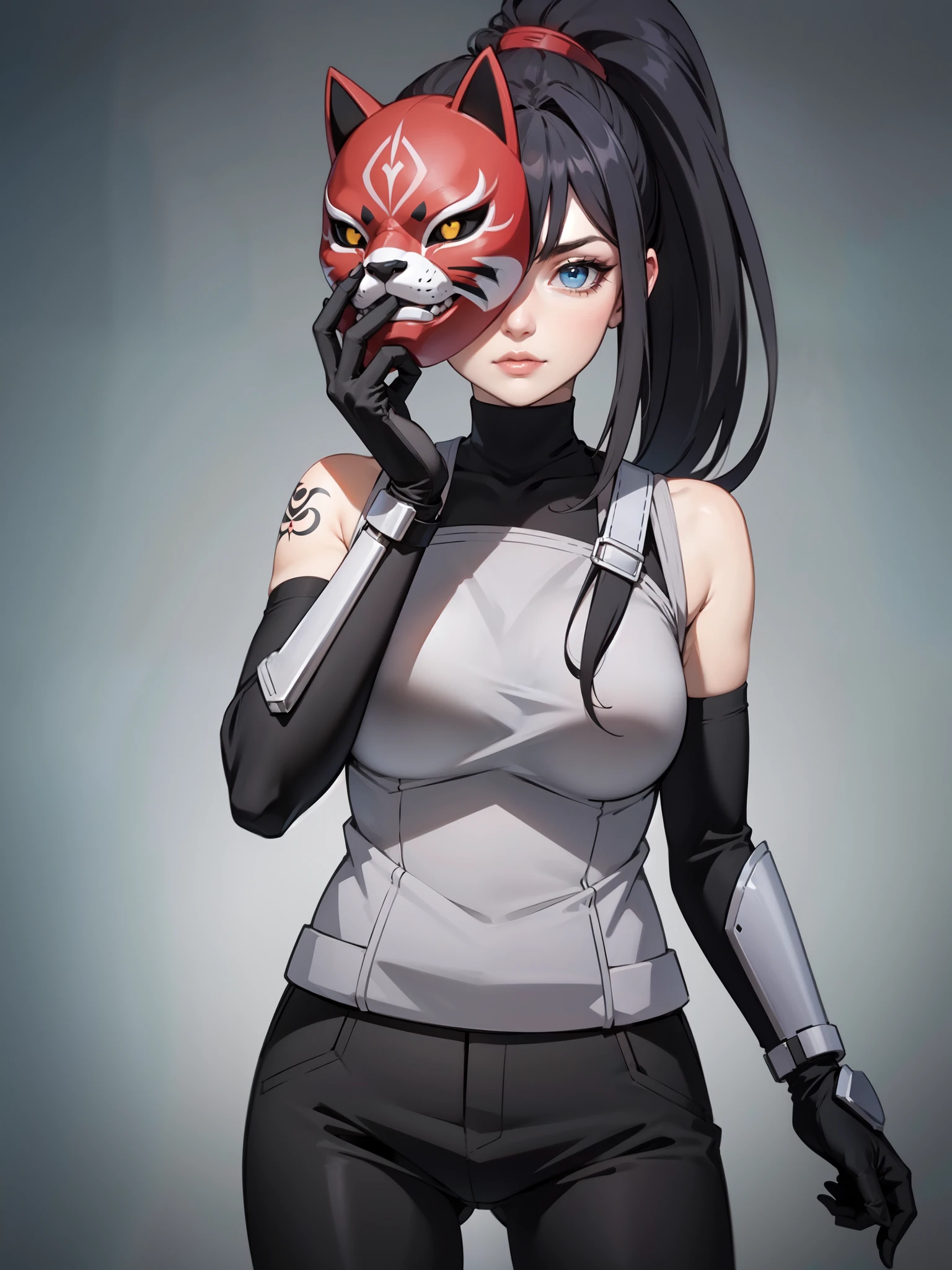 perfect eyes:1.2, detailed eyes:1.4, black hair, ponytail, very long hair, mask on hand, covering face, cat mask, grey armor:1.2, grey arm guards, black elbow gloves, black shirt, sleeveless, turtleneck, black pants, red arm tattoo, 1girl, solo, (masterpiece:1.6, best quality),