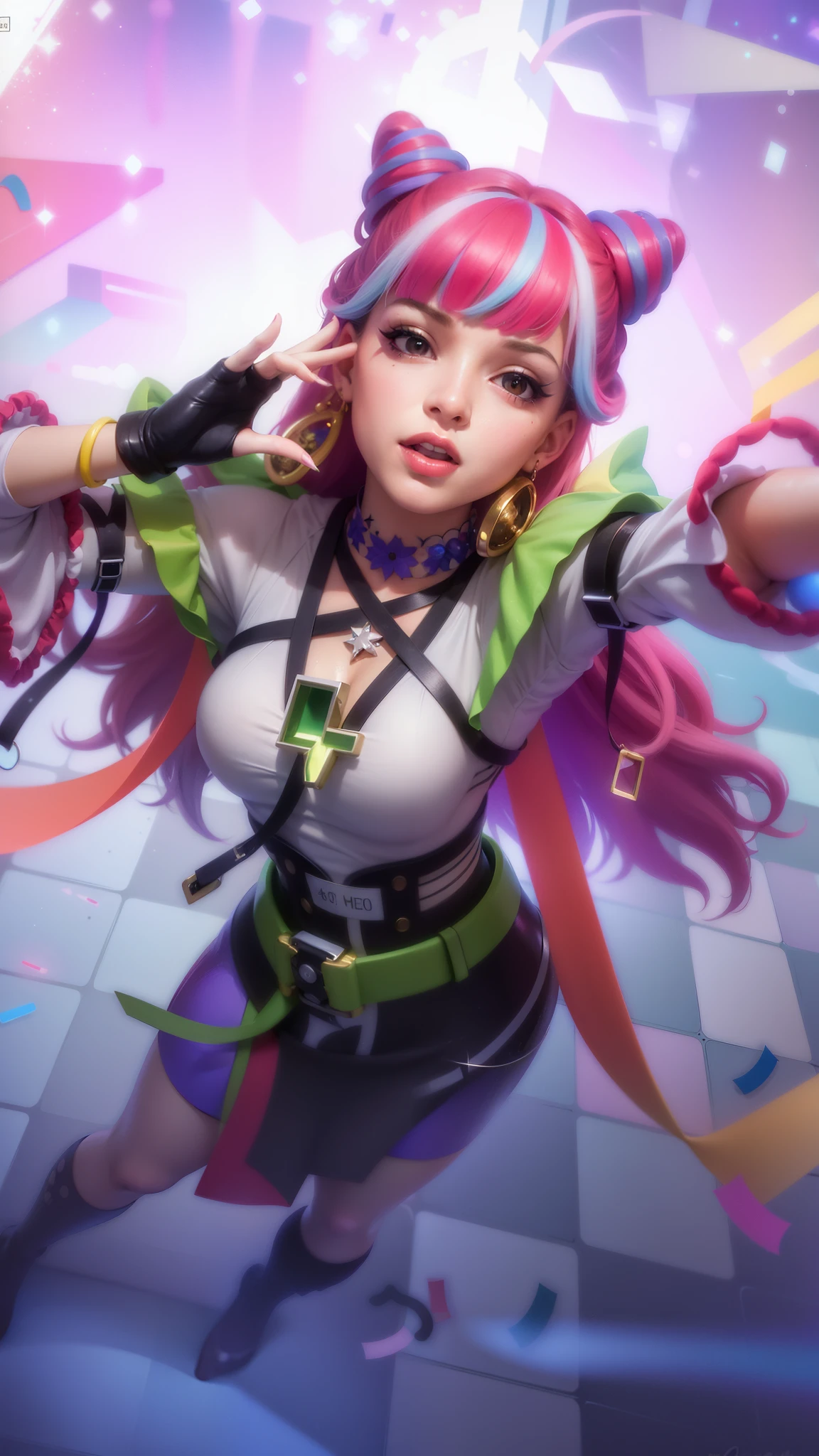 (8k, RAW photo, photorealistic:1.25) , red lips glossy, eyelashes, best quality, ultra highres, depth of field, chromatic aberration, caustics, Broad lighting, natural shading, ultra detailed texture, hyper realistic, detailed texture, detailed face, detailed skin, detailed hair, real hair, detail eyes, cinematic background, smile happy, a close up of a famele with pink hair and a colorful outfit, ig model | artgerm, extremely detailed artgerm, style artgerm, kda, rossdraws cartoon vibrant, 8k artgerm bokeh, artgerm lau, style of artgerm, ! dream artgerm, artwork in the style of guweiz