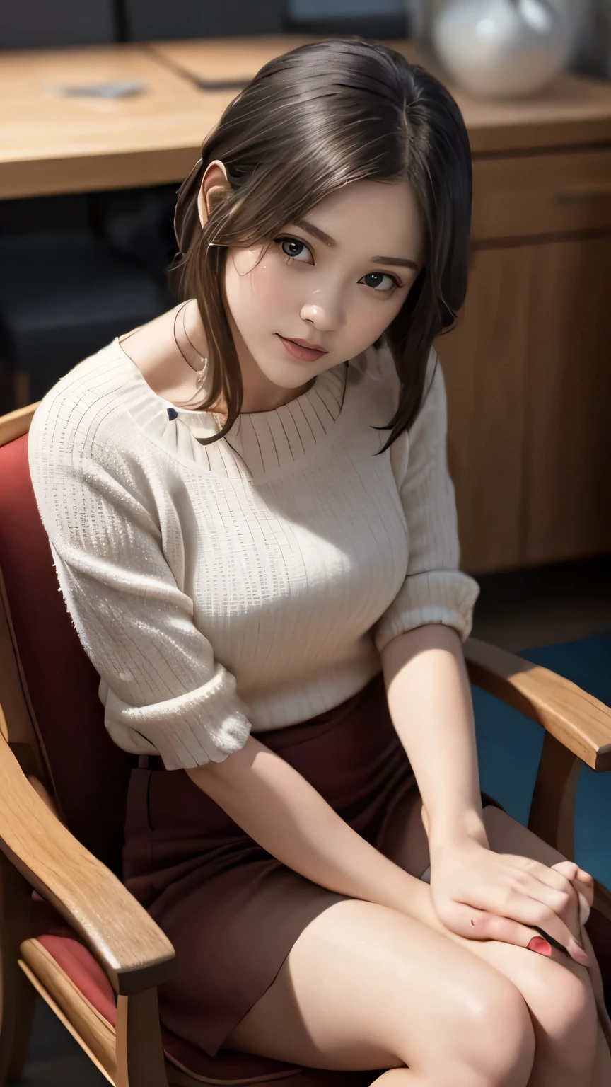 (clear, high-definition image), (interview), frontal image of a woman wearing a miniskirt sitting on a chair and looking straight at you