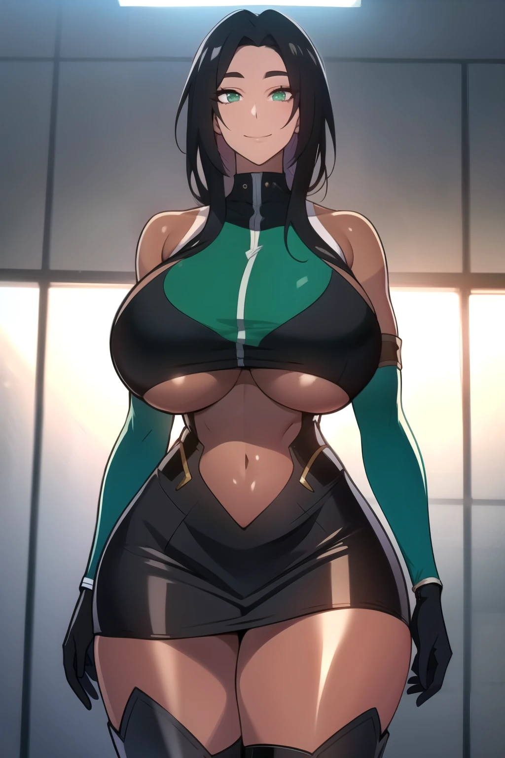 masterpiece, best quality, absurdres, 8k, perfect shadows,perfect lighting,hdr, cowboy shot,shiny skin,skindentation, beautiful body, kafka, ((black hair: 1.4)), long hair, (green eyes: 1.4),  (crop top, underboob, elbow gloves, thigh boots, split skirt, bare shoulders, curvy, midriff, curvy, thighs, higheels, shiny clothes), complex detailed background, inside, luxury palace) (gigantic breasts,hourglass body, thin waist,very slim waist)extremely detailed face,detailed eye makeup, detail face, nice detailed eyes,nice hands, perfect hands (realistic pupils,realistic iris:1) heavy eye makeup,glowing eyes, Bright eyes,standing,standing at attention,(seductive smile), gigantic breasts, curvy, cowboy shot, (( tan skin: 1.1)), (( tan face: 1.1))