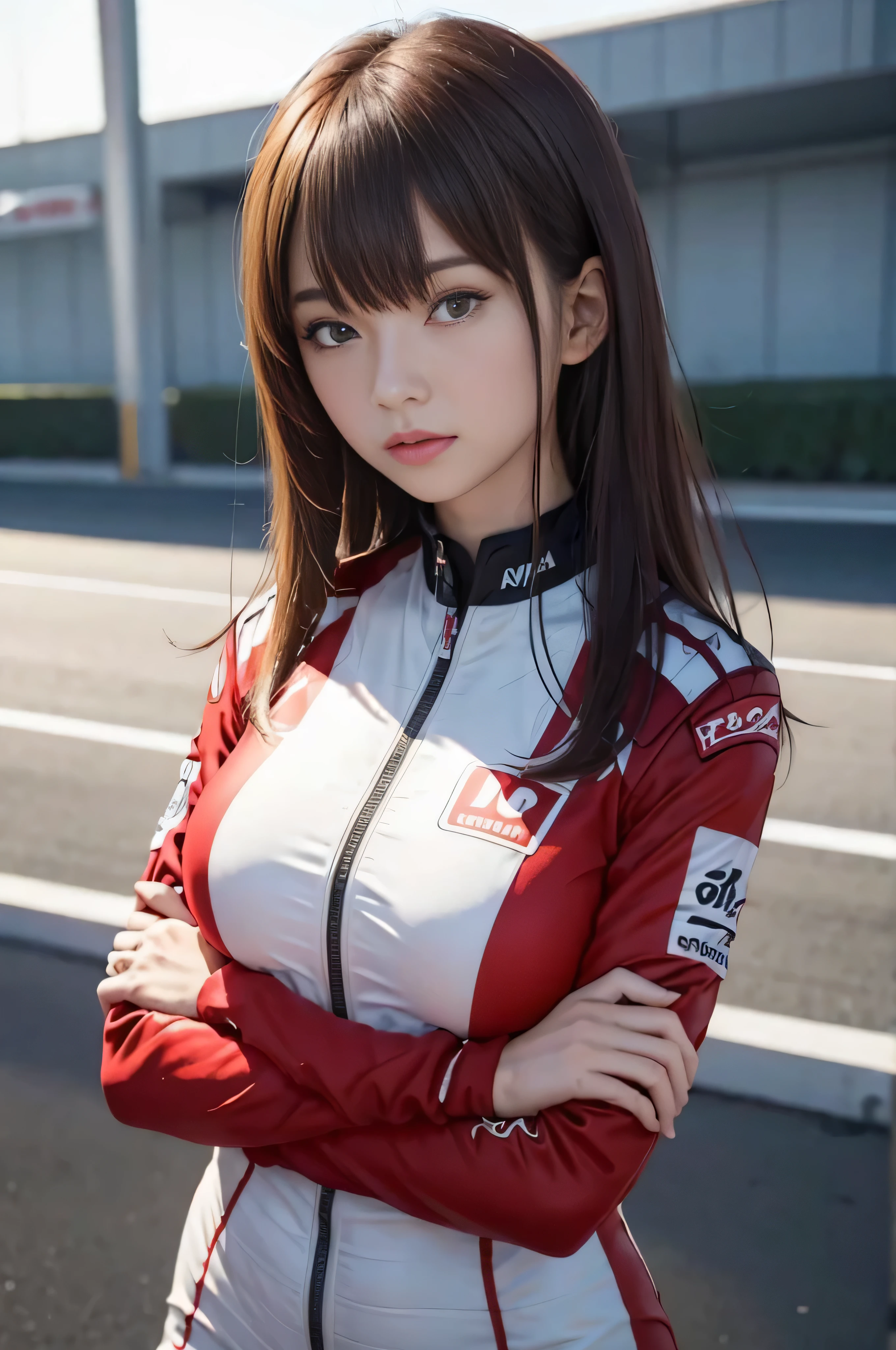 RAW image quality、8K resolution、Ultra-detailed CG footage、Japan female racer in red racing suit stands in front of red formula car　F1　circuit　brown hair　short bob　Monaco Grand Prix　standing with arms crossed　People photography　Portrait