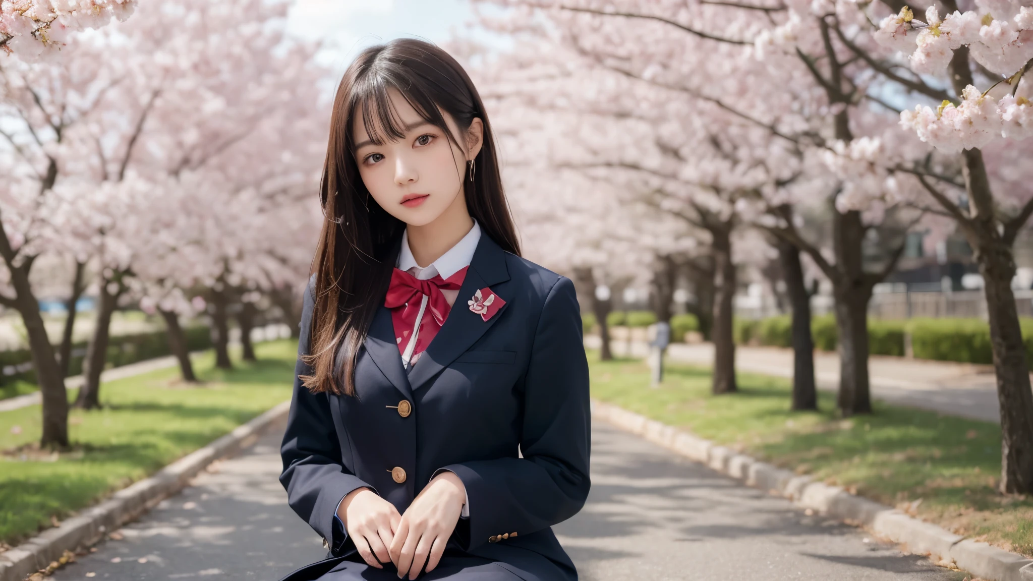 jk,uniform、selfie、background cherry blossoms、sit on the ground、1 person、 highest quality, figure, super detailed, finely, High resolution, 8k wallpaper, 完璧なダイナミックな構figure, beautiful and fine eyes