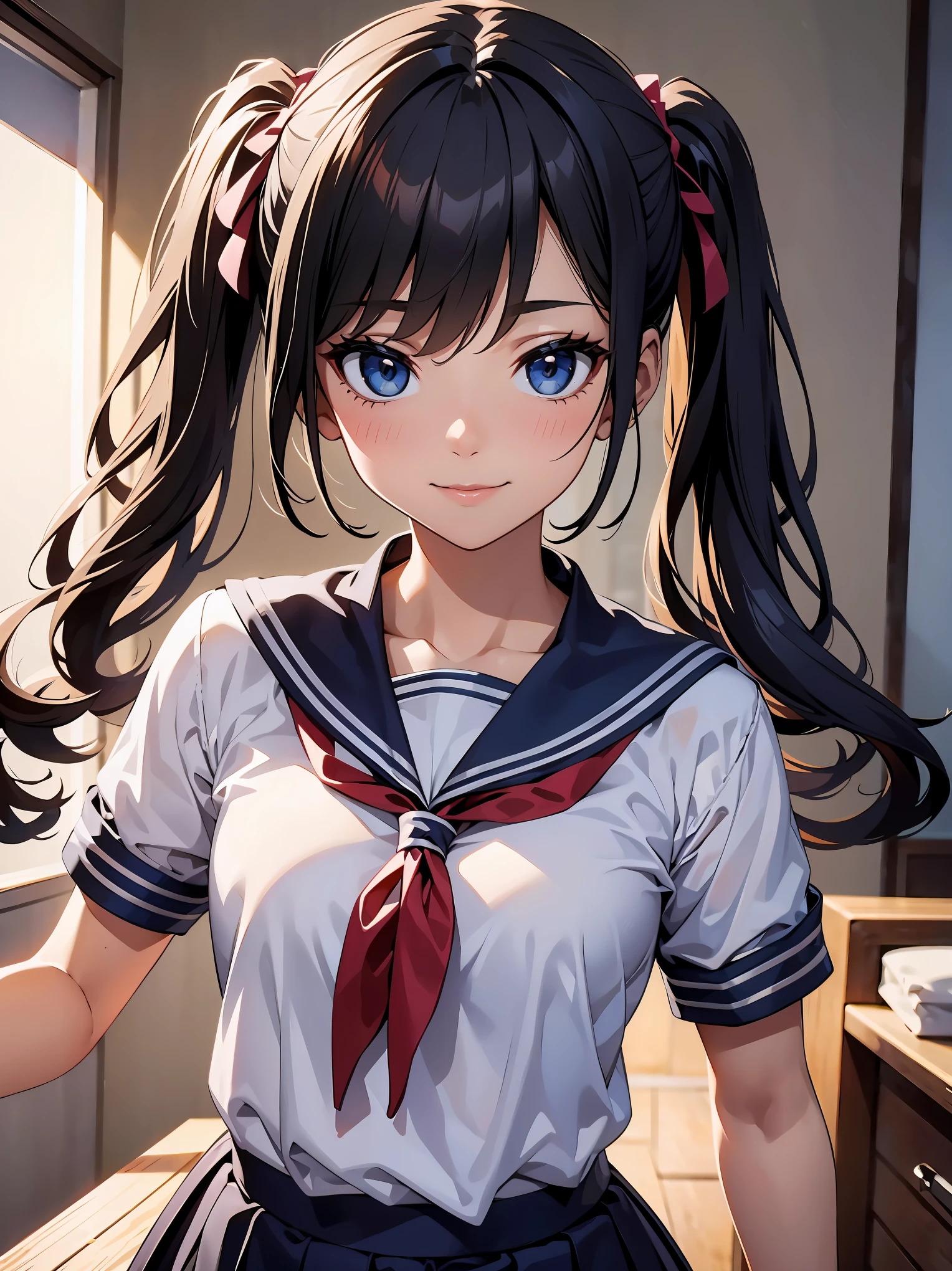 (highest quality, 4k, masterpiece :1.3), Beautiful woman, 1 girl, (chest, attractive body :1.2), jk:1.1, black hair: 1.1, twin tails, sailor suit, super detailed face, lip details, fine eyes, double eyelid, smile,