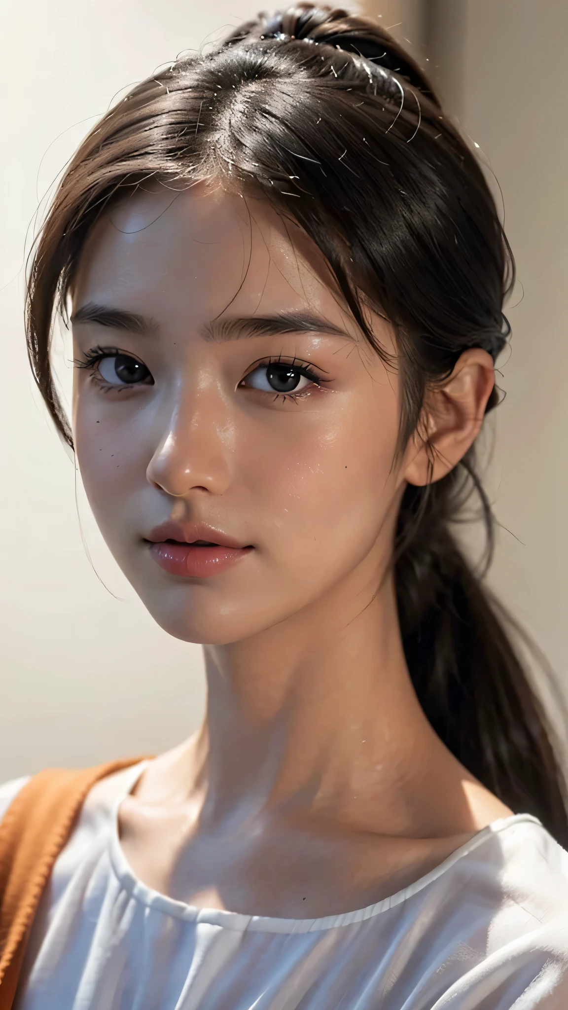 One woman,fully body photo,masutepiece, The highest image quality, High quality, the background is clear,Beautiful woman, Japanese, Detailed, Detailed eyes, Detailed skin, Beautiful skin, 超hight resolution, (reality: 1.4),Very beautiful woman, Slightly younger face, Beautiful skin, slender, (Ultra photo realsisim), (hight resolution), (8K), (Very detailed) (beautifully detailed eyes), (super detailed), (Detailed face), view the viewer, Fine details, Detailed face, Staring straight ahead, Staring straight ahead, photos realistic, Bright lighting, Professional Lighting, Black hair,poneyTail,a baby face,sixteen years old,Hairstyle is ponytail,long ponytail hairstyle,slight smile,Orange colored long dress with lots of ruffles, softly shaped skirt,Live venue,close up of face