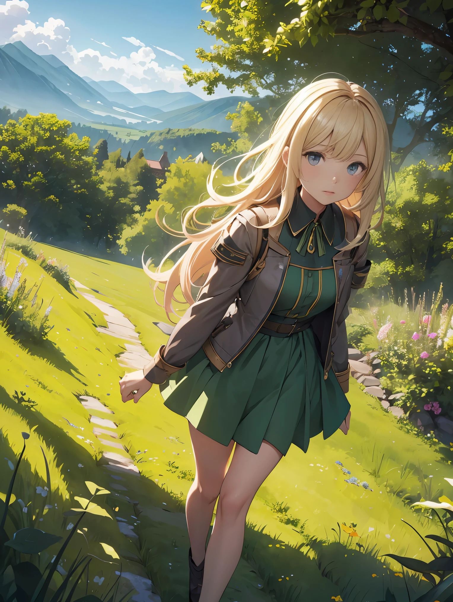 In a green meadow is a girl who leads a group of knights.
BREAK
With a brave expression, guides them to their destination.
BREAK
Behind her, A green forest extends and beyond that, Mountains rise in the distance.
BREAK
The most suitable effect for this scene would be a watercolor painting technique to capture the softness of the meadow and the fluidity of movement.. ,((detailed)), ((high quality)),((well structured)),((anatomically correct)),((good composition)), ((good perspective)),((masterpiece)), ( ( detailed outline)),((extremely detailed)),((digital art)), digital illustration, ((well-proportioned bodies)), high resolution, high definition, full definition, full resolution, detailed face, 4k,HD, Sharp,perfect,depth,with depth,sharp focus,Depth of field