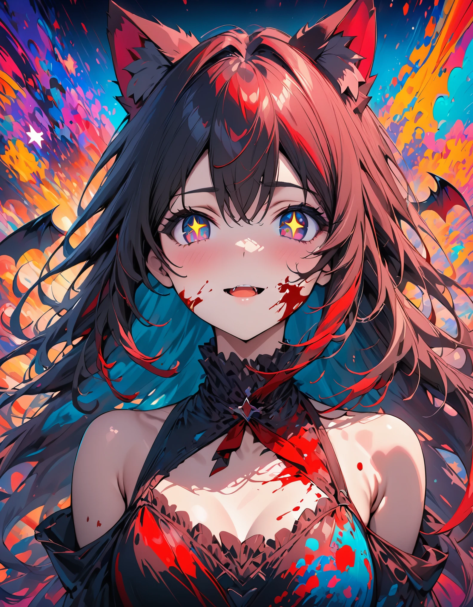 (masterpiece, best quality), ((1 girl, (adult) long hair), (star shaped pupils,  +_+, Symbol shaped pupils, Bright Eyes), (cat ears, open mouth)), (looking at the audience, faint smile, Off the shoulders), (Abstract, colorful background, Abstract background, Color difference), vampire, There is blood on the face, There are blood stains on the clothes, bat wings