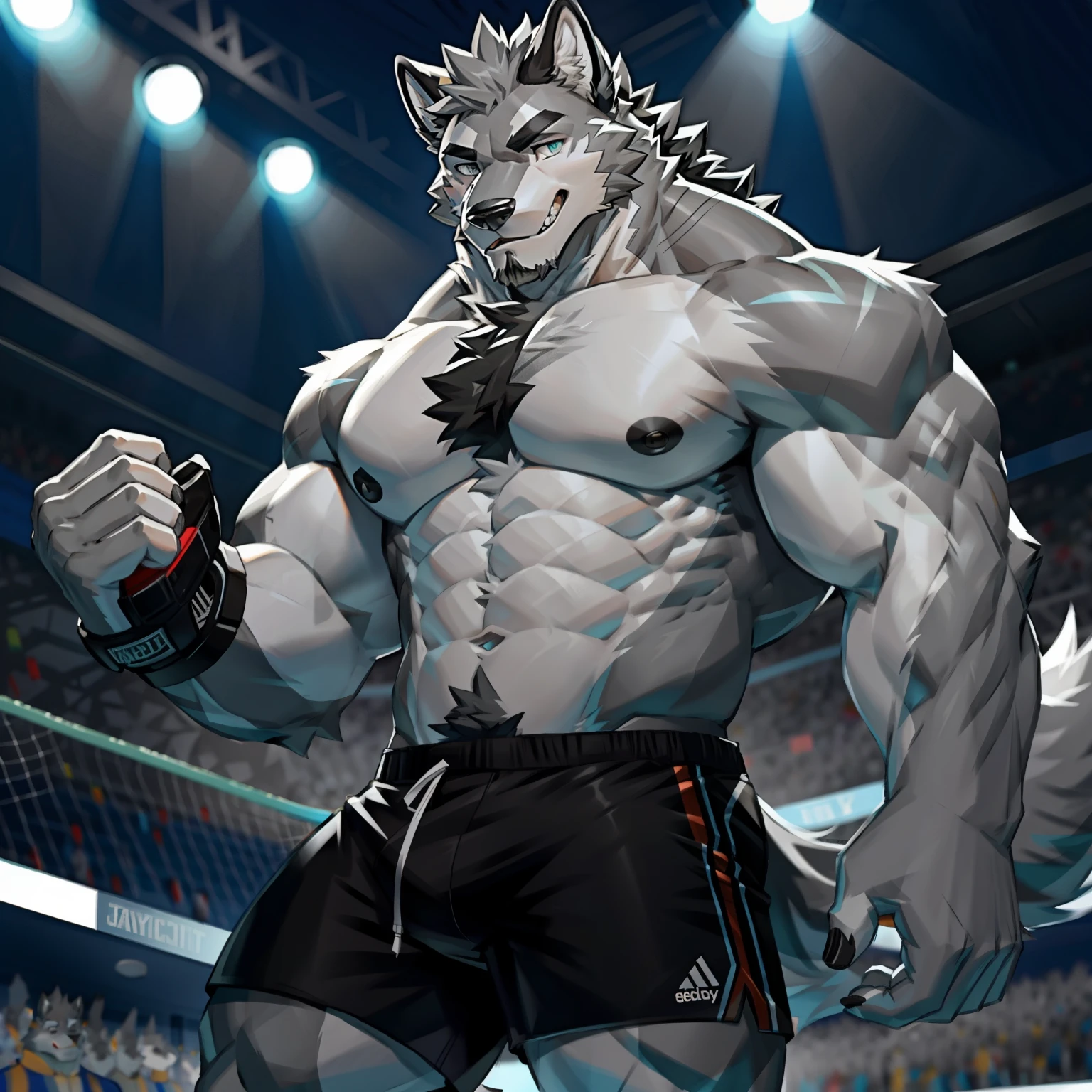 tmasterpiece,Best quality at best,Detailed background nj5 hairy,rays of sunshine, Alone,solofocus,male,Male focus,Humanity,wolf,(sport:1.5), (Gray fur,,Black eyebrows:1.5),Elaborate Eyes,detailed eyes,agate eyes,five fingers, Wear only shorts yaoi,Strong body,Majesty,Revealing eight-pack abs and two thick chest muscles,showing nipple
