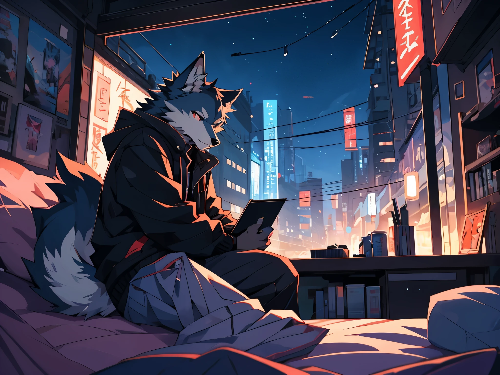 there is a Wolf man sitting on a bed with a laptop, pov furry art, furry art, furry art!!!, very very beautiful furry art, commission for high res, furry digital art, late morning, calm night. digital illustration, full res, early morning mood, late at night, waking up, high res, dreamy night, in the night, lofi artstyle, anime style 4 k, inspired by Liam Wong, anime style. 8k, 4k anime wallpaper, anime art wallpaper 8 k, 2 d art, 2d art, badass anime 8 k, by Yuumei, anime art wallpaper 4k, (Wolf Tail)