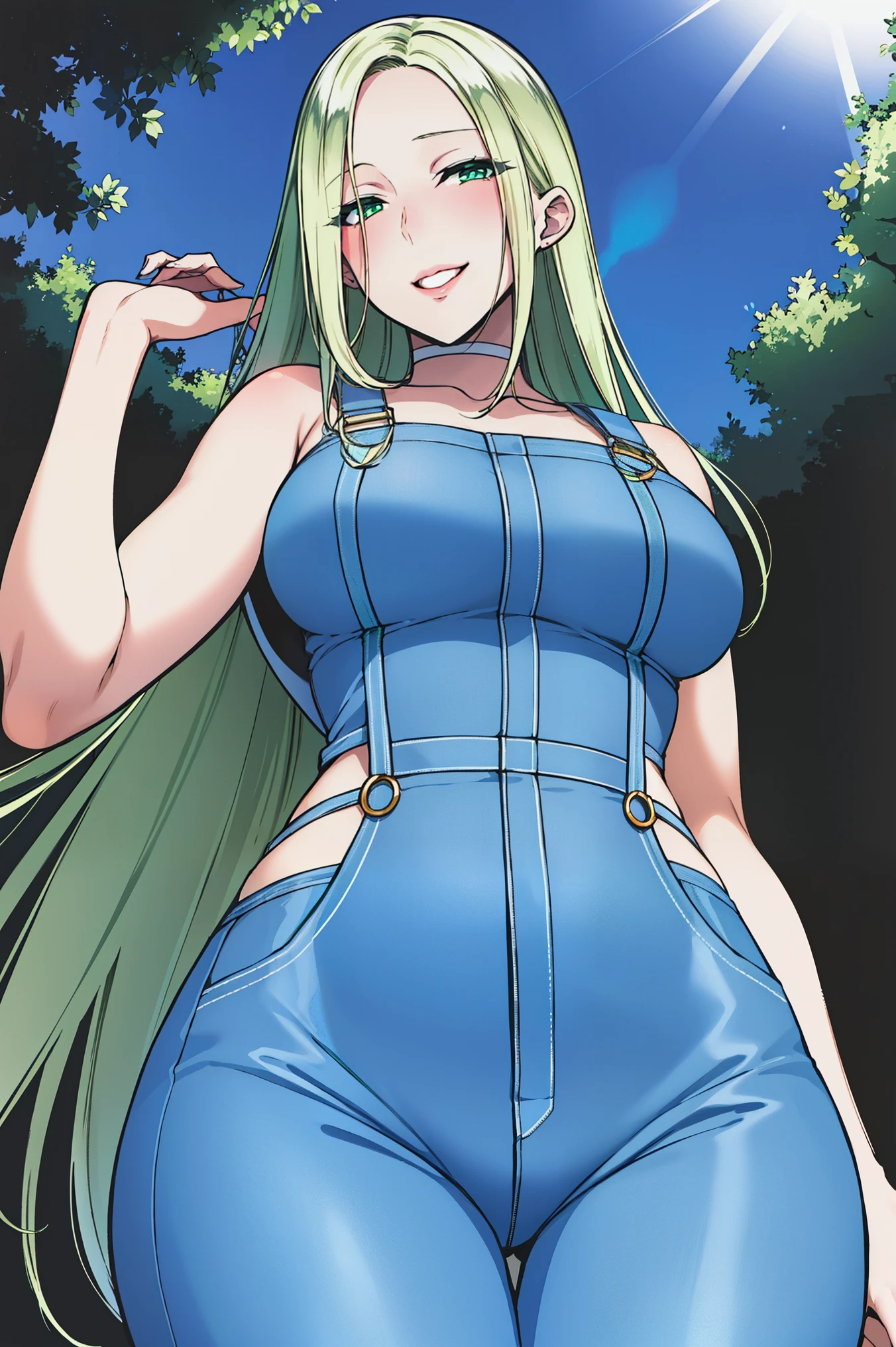 1mulher, sozinha, Lisa genshin impact, mature, tall, milf, emerald green hair, long hair with curled pontas, long hair on the head, light green eyes, ultra realistic eyes, eyes well proportioned to her body, big eyes, steep eyes ,(grabbing the eyes:1,6), smiling, (smiling, laughing:1,3), standing, using farm overalls, farm style jumpsuit, (view from below), farm scene at a tomato farm, boa lighting, illustration style