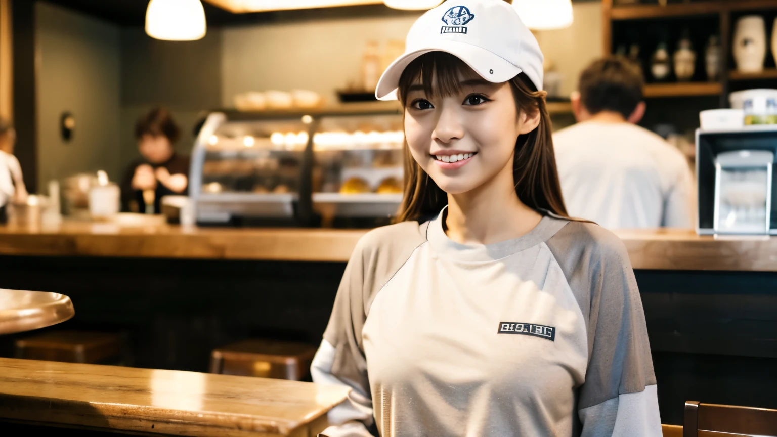 (8K, Raw photo, highest quality, masterpiece:1.2), (realistic, photo-realistic:1.4), (Highly detailed 8K wallpaper), perfect female body, famous japanese idol, 20 year old girl, boyish Japanese model,sportswoman, light brown hair,sportswear,Return from jogging,cap hat ,inside a stylish cafe, I can see other customers enjoying themselves too.。At the back of the cafe、Staff are busy working at the counter。