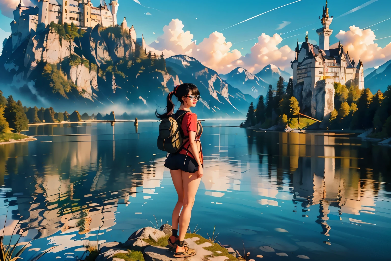((wide angle shot, full body image)) beautiful female tourist, black hair, ponytail, bangs, wearing large glasses, smirk, ((wearing a Backpacker style outfit)), morning light, Neuschwanstein Castle, Schwangau