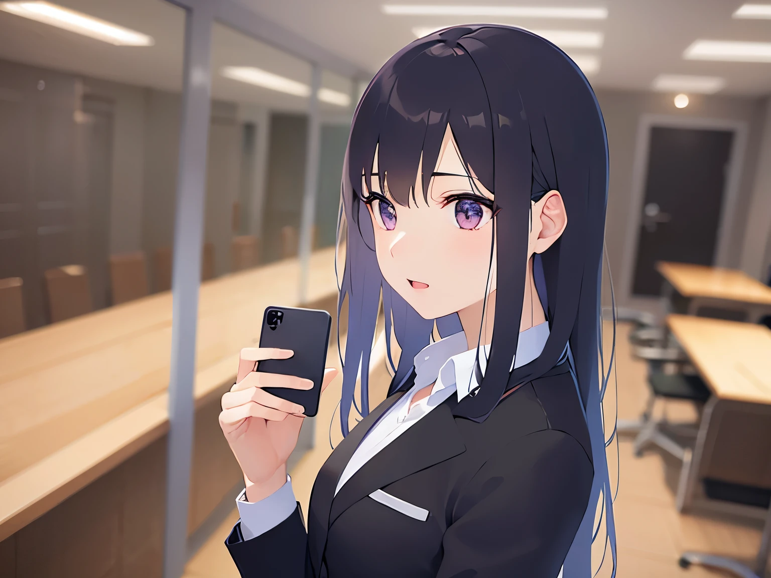 side angle, (looking away:1.5), Biologically correct five fingers、holding a phone, Upper Body, Realistic, real person, (pale skin: 1.2), RAW photo, photorealistic, portrait photography, shiny skin, japanese idol、shiny hair、(25 year old woman with straight medium hair with bangs) and (black hair) and (purple eyes) , (business suit:1.5) and (white collared shirt) and (long sleeve) 、smile, open mouth, The background is a company conference room、Alone、Are standing