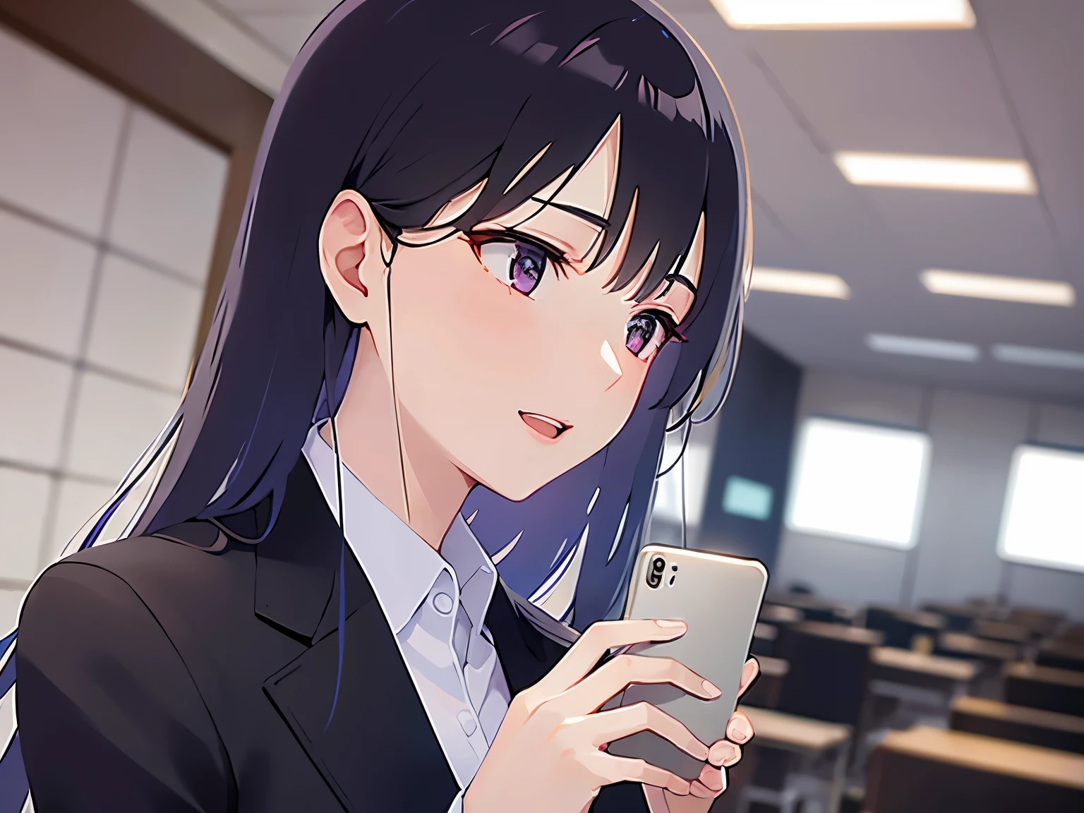 side angle, (looking away:1.5), Biologically correct five fingers、holding a phone, Upper Body, Realistic, real person, (pale skin: 1.2), RAW photo, photorealistic, portrait photography, shiny skin, japanese idol、shiny hair、(25 year old woman with straight medium hair with bangs) and (black hair) and (purple eyes) , (business suit:1.5) and (white collared shirt) and (long sleeve) 、smile, open mouth, The background is a company conference room、Alone、Are standing