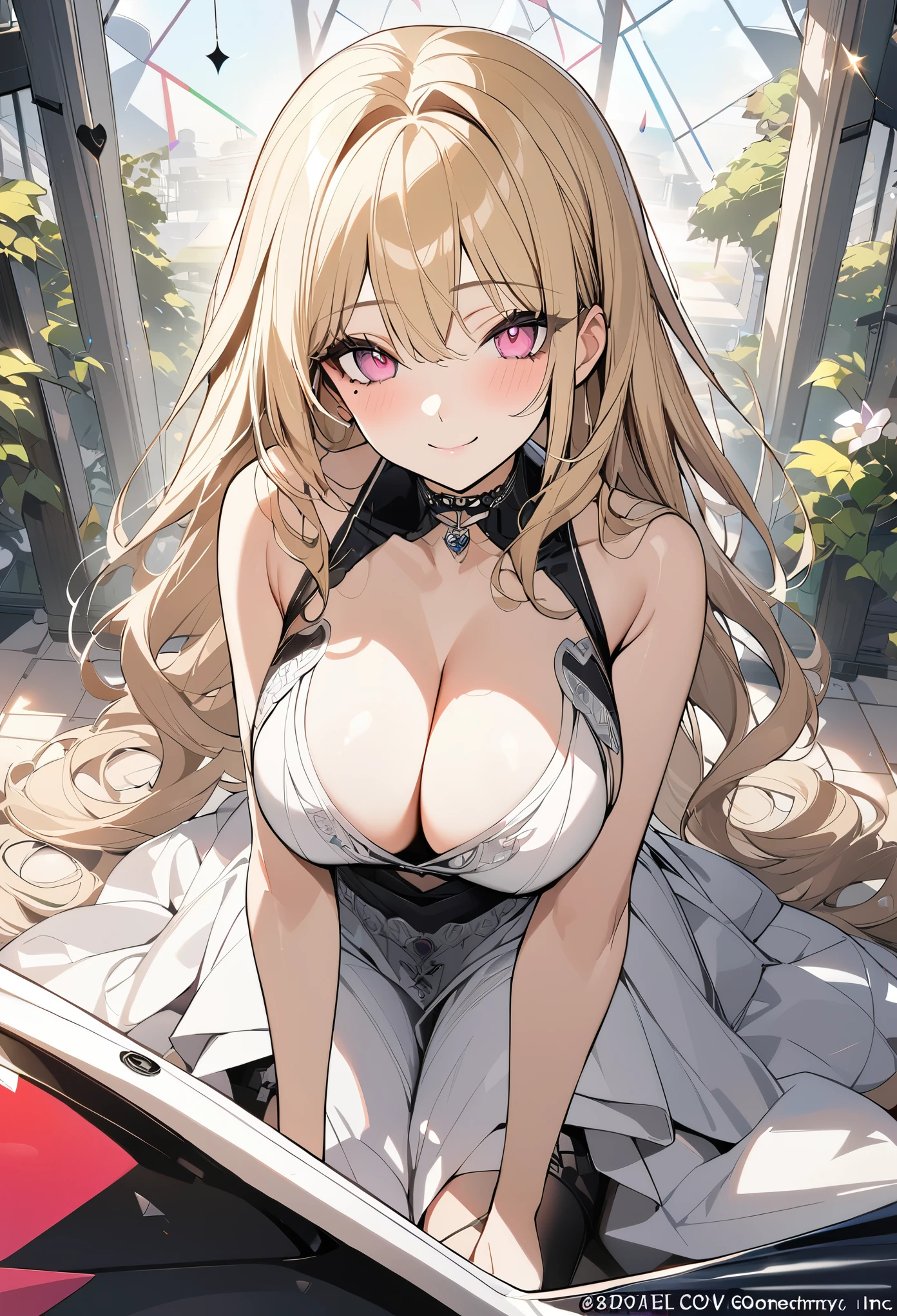 1 girl, blonde bob hair, heart shaped eyes, ♡, big breasts, lace queen, {girl with blonde bob hair named nao}, (Pink eye color), {race car}, (smile), bright background , mole under eye, Star-shaped choker, (masterpiece, highest quality), very detailed, highest quality, official art, beautiful and aesthetic: 1.2), (1 girl), very detailed, (geometry art: 1.3), colorful, most detailed ,（garden,beautiful flower々）, (masterpiece, highest quality), official art, beautiful and aesthetic: 1.2), (1 girl), very detailed, (geometry art: 1.3), colorful