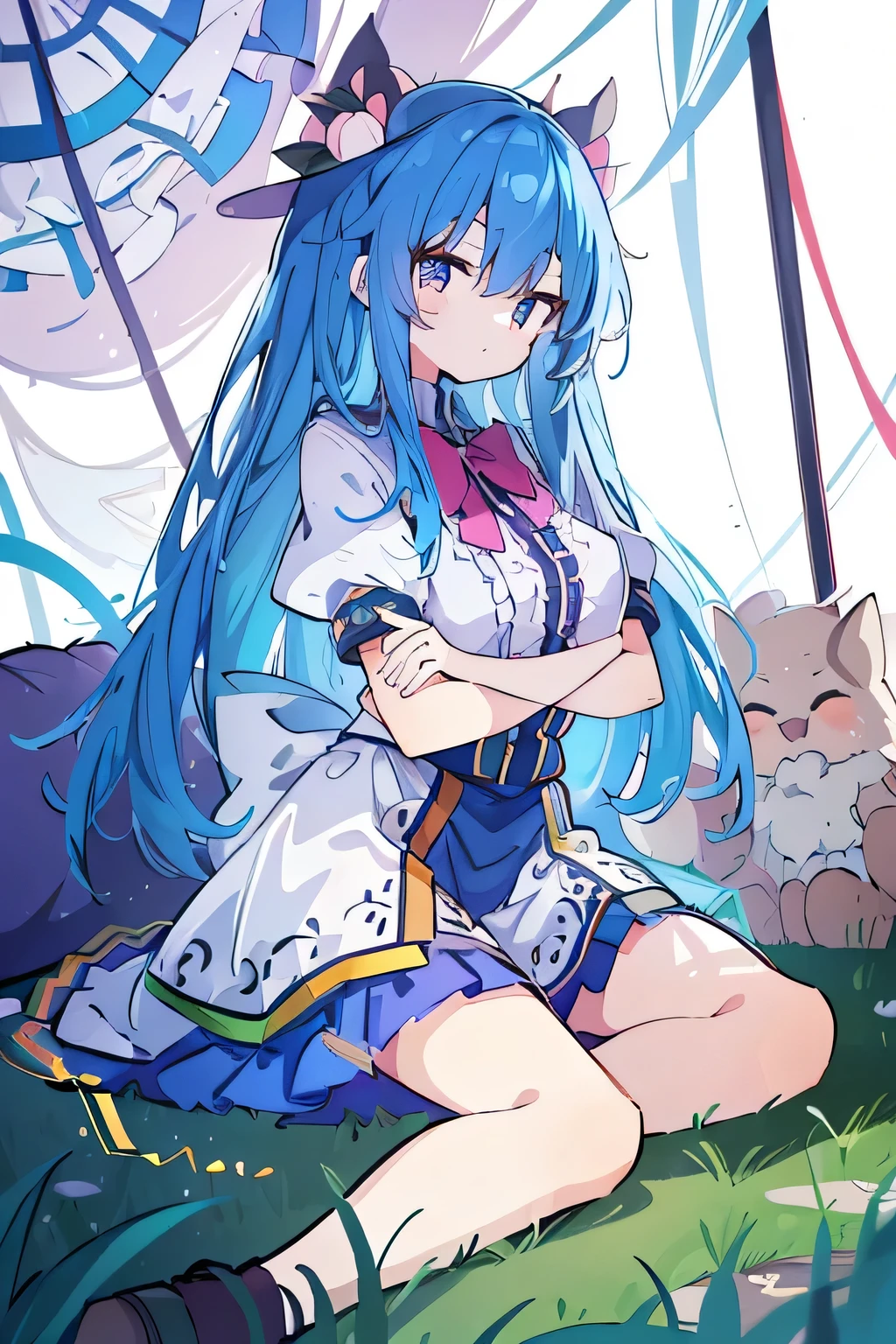 (masterpiece),best quality, expressive eyes, perfect face, 1girl,
hands on waist,beautiful, gorgeous,anime,girl,lora,hinanawi tenshi, blue hair, blue haired, floating clothes,waist grab, grabbing waist, mains sur les hanches , hands on hips,flat chest