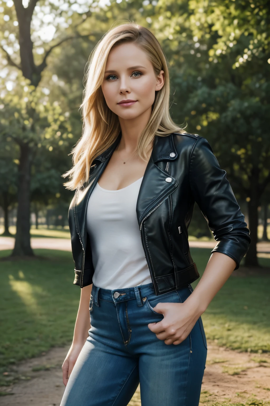 a gorgeous woman (Kristen Bell), beautiful woman, skinny, (Masterpiece, best quality, photorealistic, highres, professional photography:1.4), (open short leather jacket:1.25), (short tight white tank top:1.1), (blue jeans:1.2), (stiletto heels:1.3), perfect hands and fingers, realistic skin, perfect body shape, large breasts, cleavage, (stylish hairstyle, extremely detailed hair), delicate sexy face, detailed face, playful gaze, sexy smile, glossy lips, background posing in Melbourne, in park, green trees, beautiful flowers, sunny day, cinematic light, fashion photograph, film, bokeh, 4k, shot on Canon, 85mm, kodak vision color, extremely detailed, foto_\(ultra\), post-processing, maximum detail, roughness, real life, ultra realistic, photorealism, photography, 8k uhd, ((soft illumination, highly detailed, realistic, super realistic, realism, realistic detail)), full body portrait