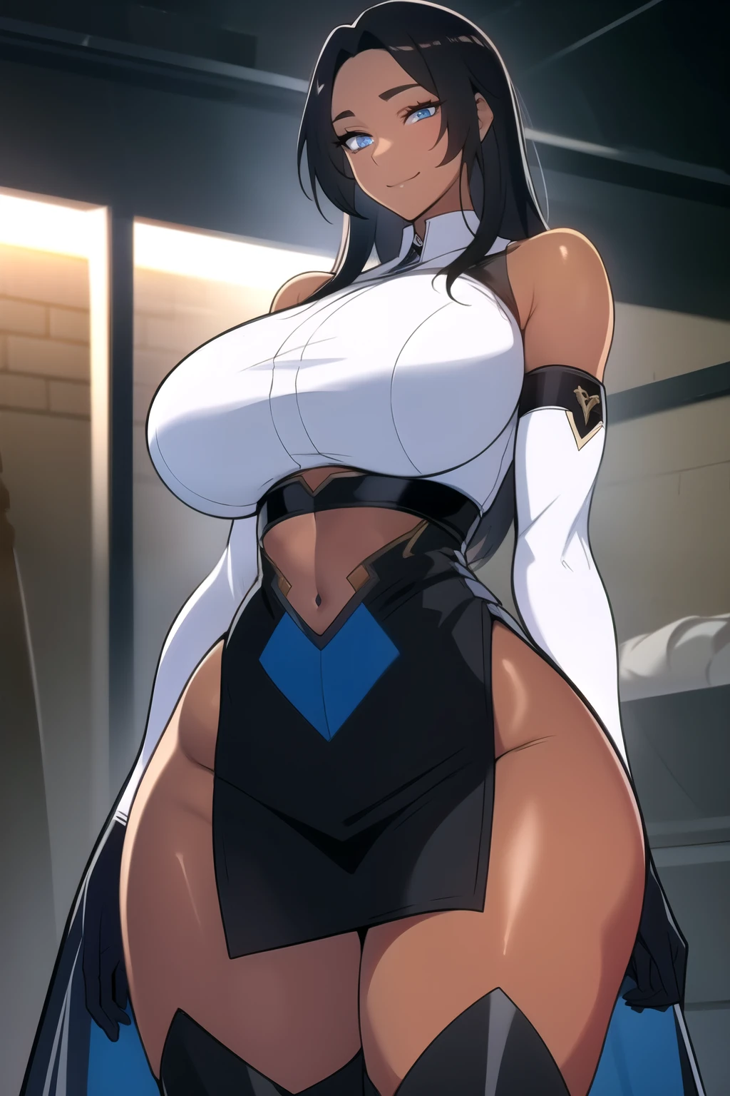 masterpiece, best quality, absurdres, 8k, perfect shadows,perfect lighting,hdr, cowboy shot,shiny skin,skindentation, beautiful body, kafka, ((black hair: 1.4)), long hair, (blue eyes: 1.4), (crop top, underboob, elbow gloves, thigh boots, split skirt, bare shoulders, curvy, midriff, curvy, thighs, higheels, shiny clothes), complex detailed background, inside, luxury palace) (gigantic breasts,hourglass body, thin waist,very slim waist)extremely detailed face,detailed eye makeup, detail face, nice detailed eyes,nice hands, perfect hands (realistic pupils,realistic iris:1) heavy eye makeup,glowing eyes, Bright eyes,standing,standing at attention,(seductive smile), gigantic breasts, curvy, cowboy shot, (( tan skin: 1.1)), (( tan face: 1.1))