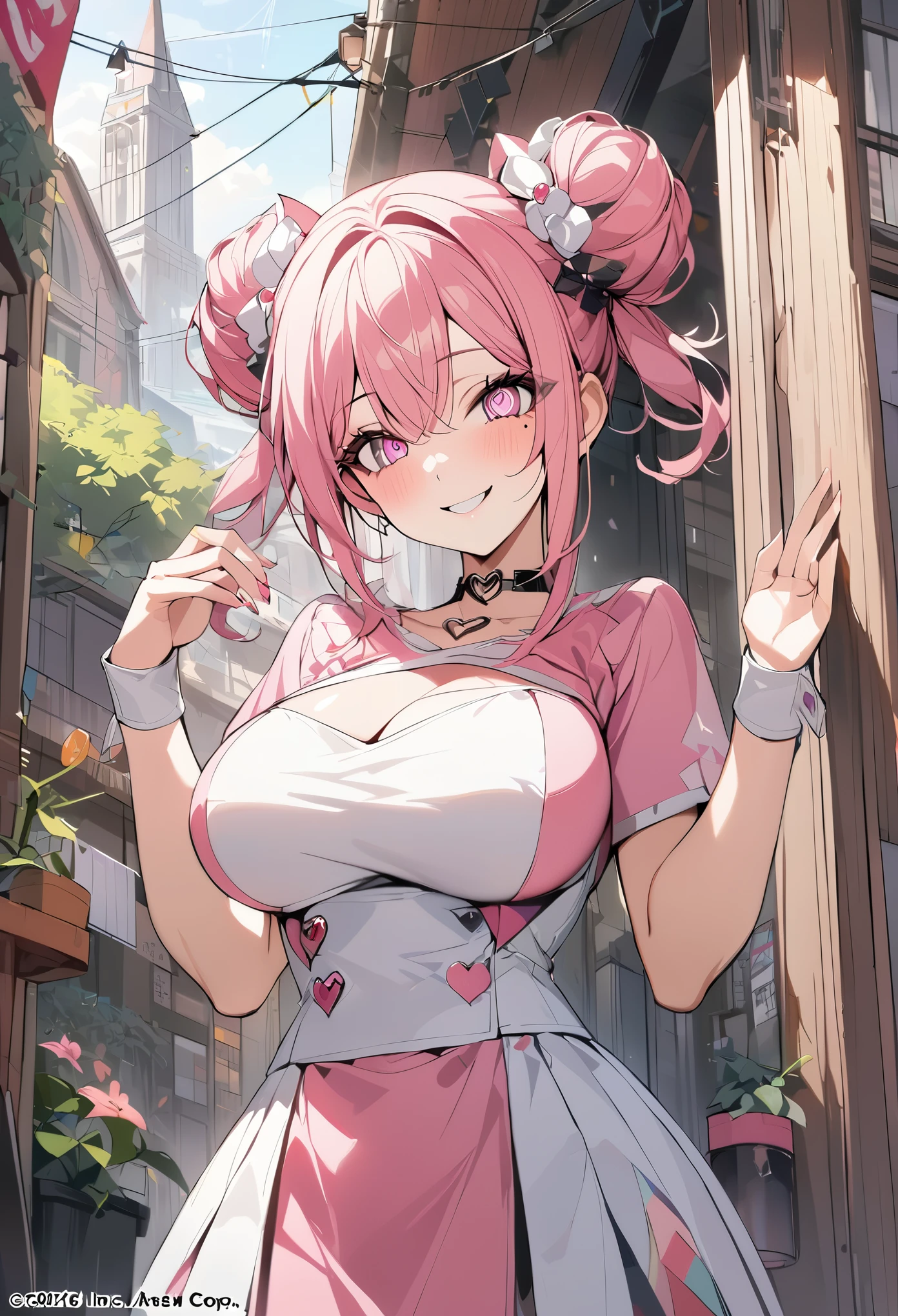 1 girl, pink long bun hair, heart shaped eyes, ♡, big breasts, Stewardess clothes, {girl with pink long bun hair named Nami}, (Pink eye color), {downtown}, (smile), bright background , mole under eye, heart shaped choker, (masterpiece, highest quality), very detailed, highest quality, official art, beautiful and aesthetic: 1.2), (1 girl), very detailed, (geometry art: 1.3), colorful, most detailed ?d1 girl, pink long bun hair, Eye of the symbol, +__+, big breasts, gothic costume, {A girl with long pink bun hair named Nami}, (Pink eye color), {downtown}, (smile), bright background, (garden,beautiful flower々),mole under eye, heart shaped choker, (masterpiece, highest quality), official art, beautiful and aesthetic: 1.2), (1 girl), very detailed, (geometry art: 1.3), colorful