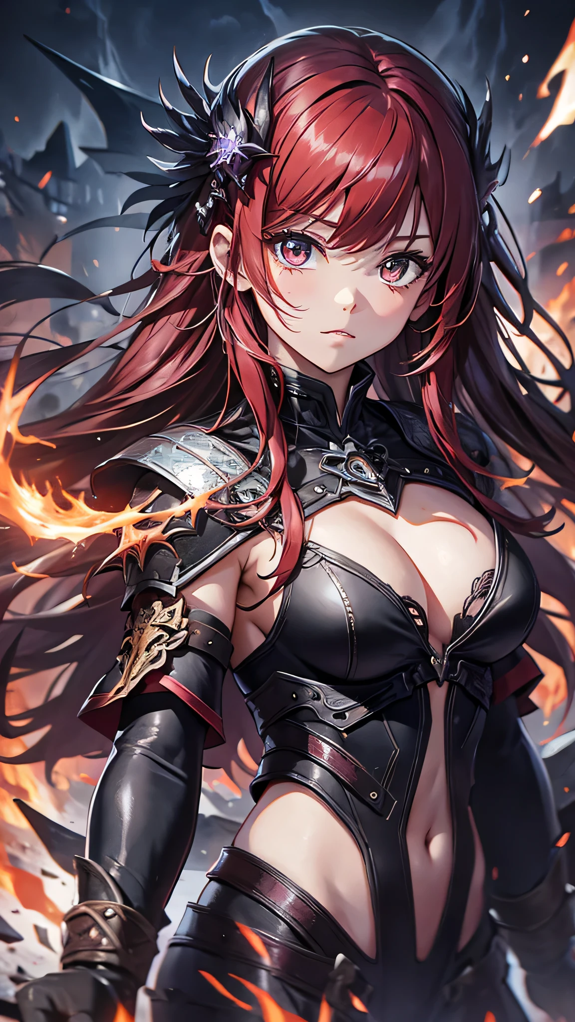 最high quality、best image quality、masterpiece、girl((20-year-old、 By becoming、vest bust、medium bust,wide open breast tea、shining eyes, glowing red hair、long hair、thin,highest valley、black and red suit、Wristband、black gloves、fighting pose、inflammation from the whole body、sharp nails)),high quality、beautiful art、background((inflammation、volcano、magma、eruption、meteorite、bright red sky、firebird))、Flight、debris flies、Depth of written boundary、movie、visual art、perfect art、8K,genuine、