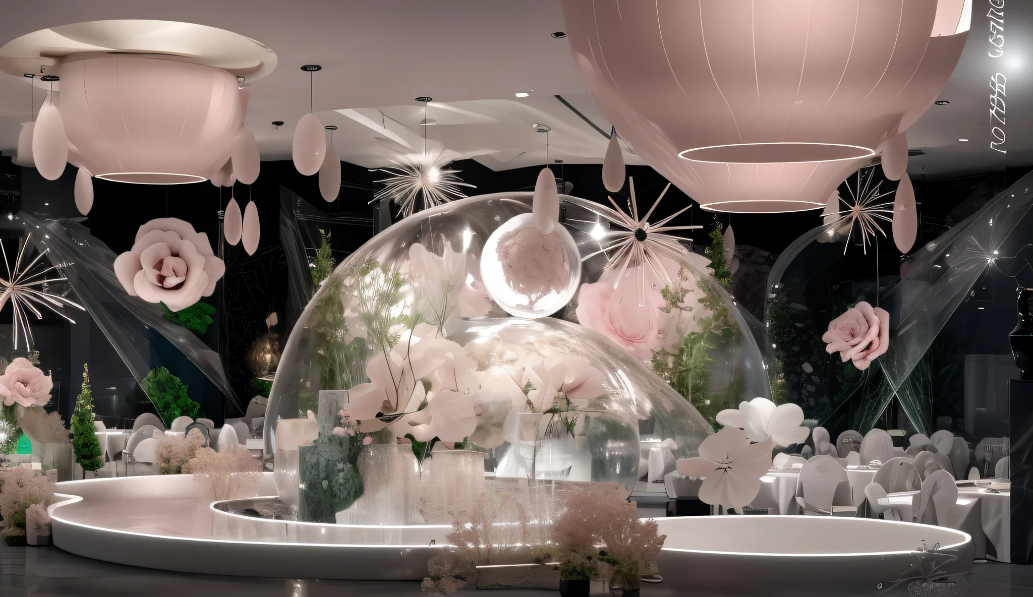 Floral fragrance, (lifelike:1.5), (good shade),good construction,Volumetric lighting,Movie,(highest quality,Award-winning,master paintings:1.5),pink and white color scheme,playing cards,hall,Wedding design renderings,clearer,8K,