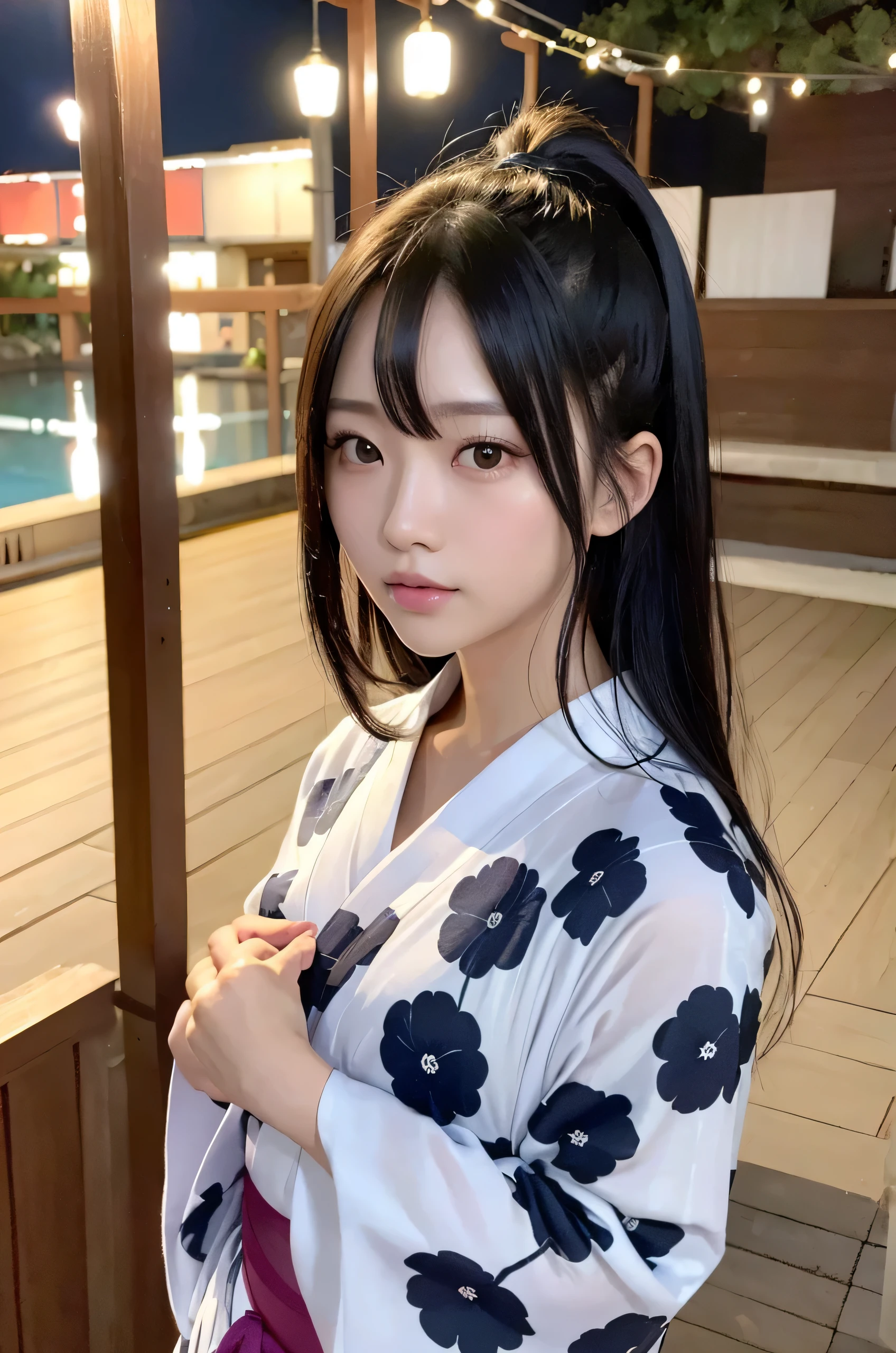8k、RAW photo、highest quality、masterpiece:1.2)、High-definition RAW color photo、professional photos、Japanese、Beautiful woman、flashy hair ornament、black hair、long hair、unruly hair、(genuine、Photo geneuine:1.37)(((highest quality))),25 year old woman,cinematic light,(final details face:1.2)(masterpiece:1.2),(highest quality:1.2), shrine at night, (yukata: 1.2))