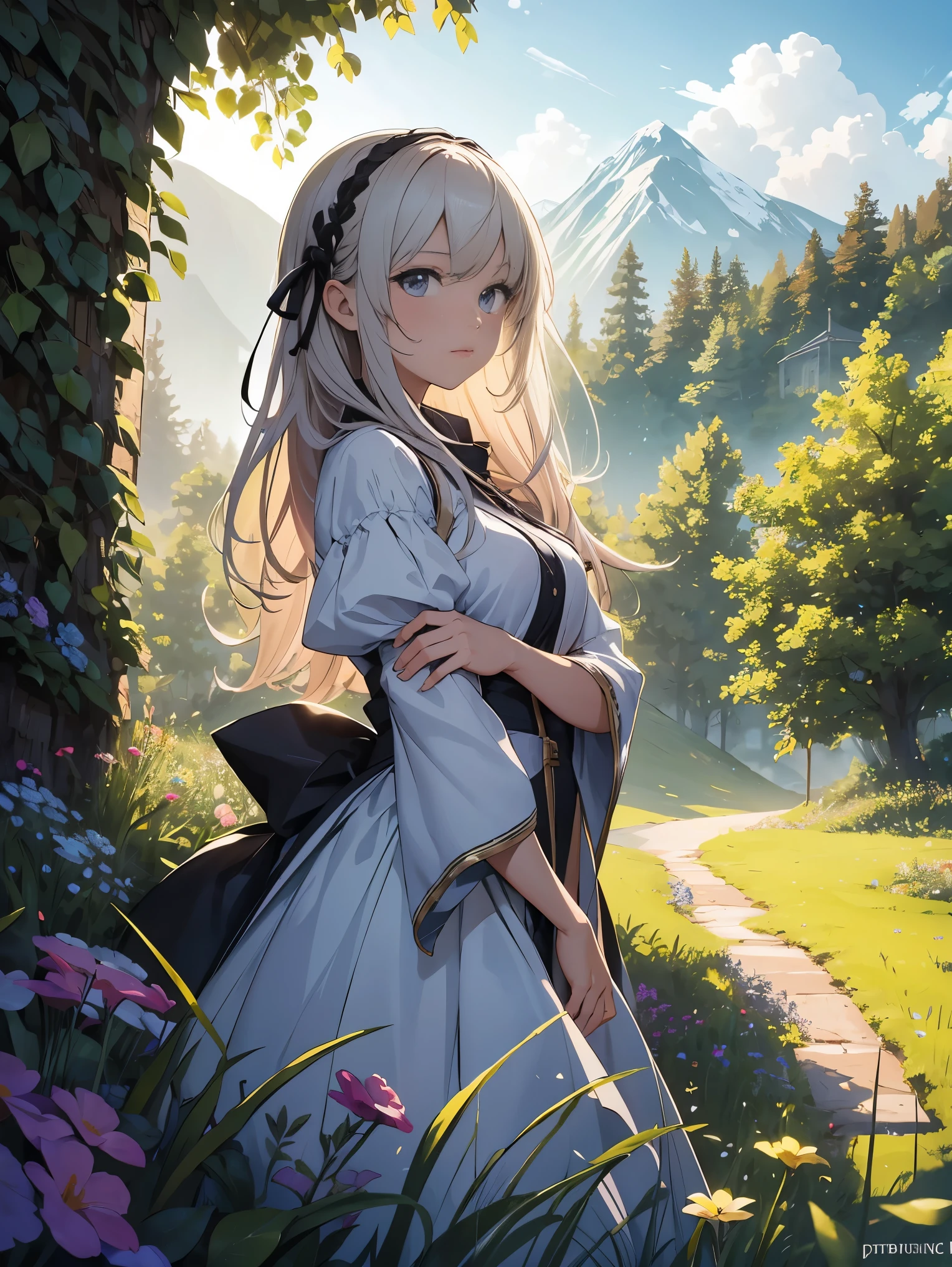 CG, unity, 8k, wallpaper, highest quality, masterpiece, lovely woman, Rear view looking up at the sky, (sad expression: 1.1), 18-year-old, white hair, white skin, BREAK, white blouse, BREAK, dark red skirt, (pantyhose:1.3), (Realistic:1.2), best lighting, complex pupils, complex textile, detailed background, On a hill with no artificial buildings, (there is no building), Spectacular starry sky with the Milky Way visible, nebula, night, Effect of dancing petals, A picture that looks like a movie advertisement