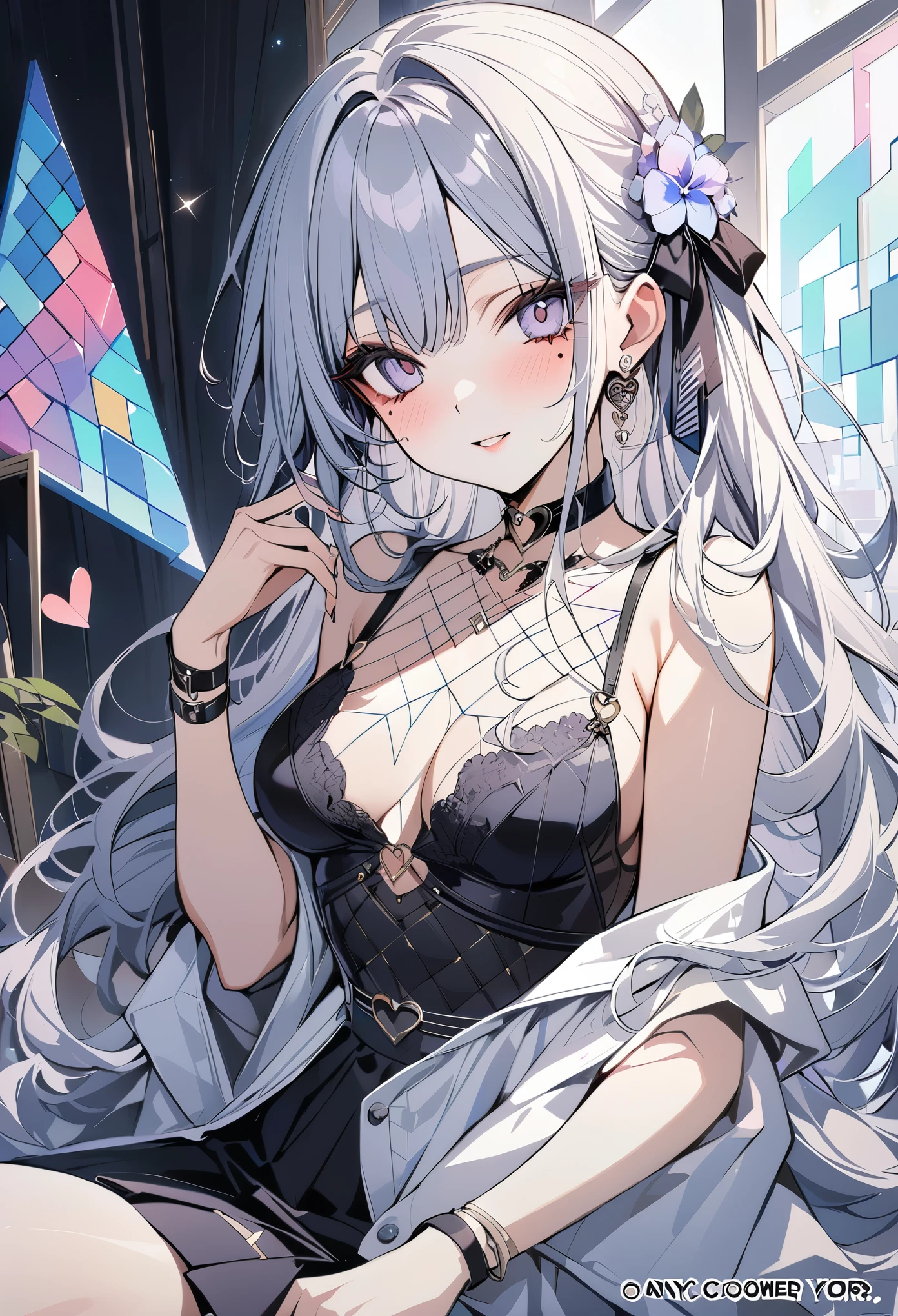 ,beautiful flower々),mole under eye, heart shaped choker, (masterpiece, highest quality), official art, beautiful and aesthetic: 1.2), (1 girl), very detailed, (geometry art: 1.3), colorful