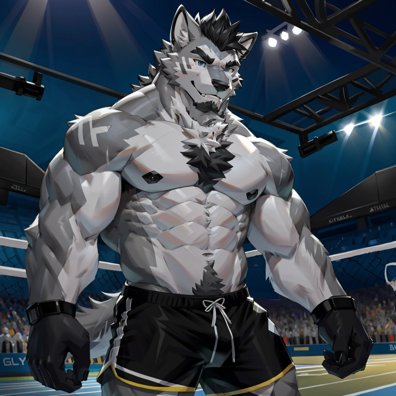 tmasterpiece,Best quality at best,Detailed background nj5 hairy,rays of sunshine, Alone,solofocus,male,Male focus,Humanity,wolf,(sport:1.5), (Gray fur,,Black eyebrows:1.5),Elaborate Eyes,detailed eyes,agate eyes,five fingers, Wear only shorts yaoi,Strong body,Majesty,Revealing eight-pack abs and two thick chest muscles,showing nipple,adult face
