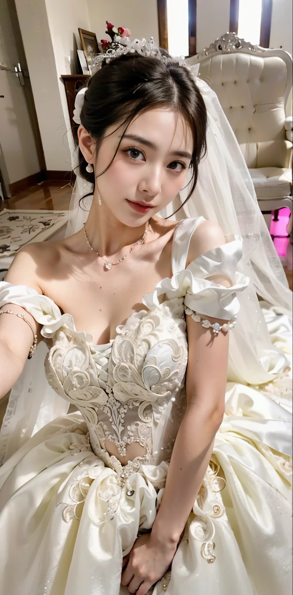 a close up of a woman in a Wedding dress posing for a picture, Yoshitomo Nara, Chiho Ashima, hungry ghost festival, deayami kojima, sakimi chan, sakimichan, ayami kojima amano, Wenfei Ye, Wedding dress, by Ayami Kojima, 29-year-old