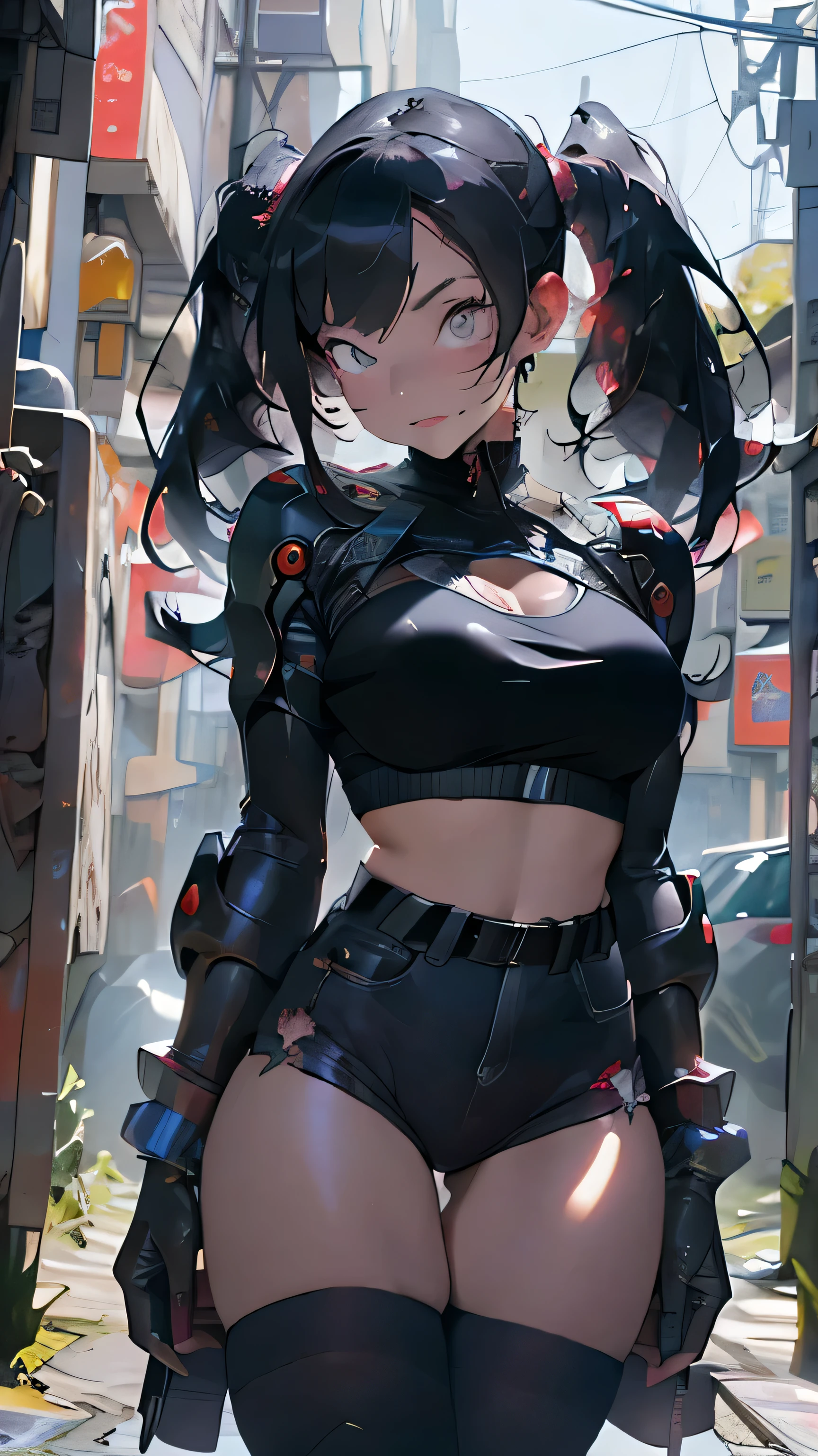 PERFECT MASTERPIECE, EXTREMELY DETAILED CG UNITY 8K UHD QUALITY RESOLUTION WALLPAPER, PHOTOREALISTIC, RAW PHOTO, AWARD-WINNING PORTRAIT, OFFICIAL ART, PROFESSIONAL CINEMATIC LIGHTING, UNREAL ENGINE 5.8K, OCTANE RENDERING, The most beautiful and sexy cyberpunk girl, very long purple hair in pigtails, vibrant glowing moonlight eyes, long detailed eyelashes, blushing, full pouting pink lips, curvy body type, full hips, super huge enormously gigantic tits, cleavage showing, gigantic  bursting out of her outfit, tons of tattoos and piercings, wearing detailed futuristic cyberpunk battle armor, holographic angel wings, holographic halo, standing spreading her legs open arching her back in a sexy seductive slutty pose, looking at the viewer, close up pov camera view from below, sexy seductive slutty facial expression, cherry blossoms blowing in the wind, psychedelic cosmic atmospheric graffiti paint drip splattered background