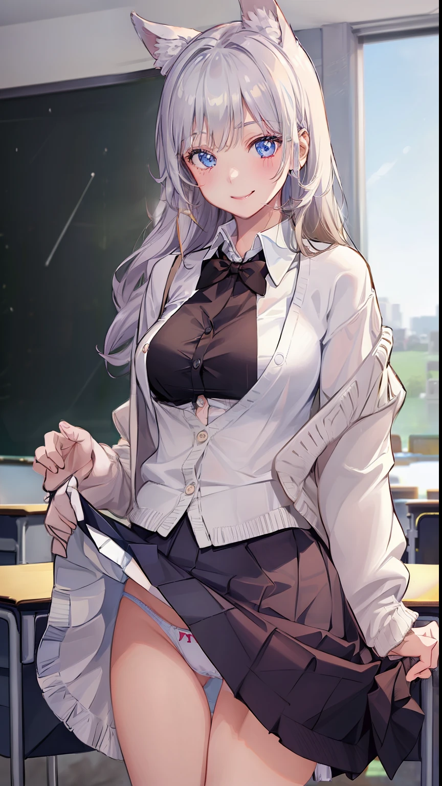 ((1 girl:1.5))、(smile:1.5)、、(cowboy shot)、(fun!!)、(white cardigan:1.5)、(dog ears)、(silver hair)、blush、(long hair)、(eye highlights:1.3)、blake black shoes,(黒いskirt:1.5)、bow, button, shirt with collar, long sleeve, ((red bow tie, ,, white shirt, チェック柄のskirt:1.5、white socks)),, shirt,, skirt, socks, thighs, white shirt, Rest indoors, ((classroom:1.5))、 BREAK while watching the audience、 (perfect hands, perfect anatomy),cowboy shot、(skirtlift:1.3),(highly detailed white panties:1.3)、(highly detailed panties:1.3)、、(skirt that rolls up:1.3)、(fully exposed panties:1.5)、light blue eyes