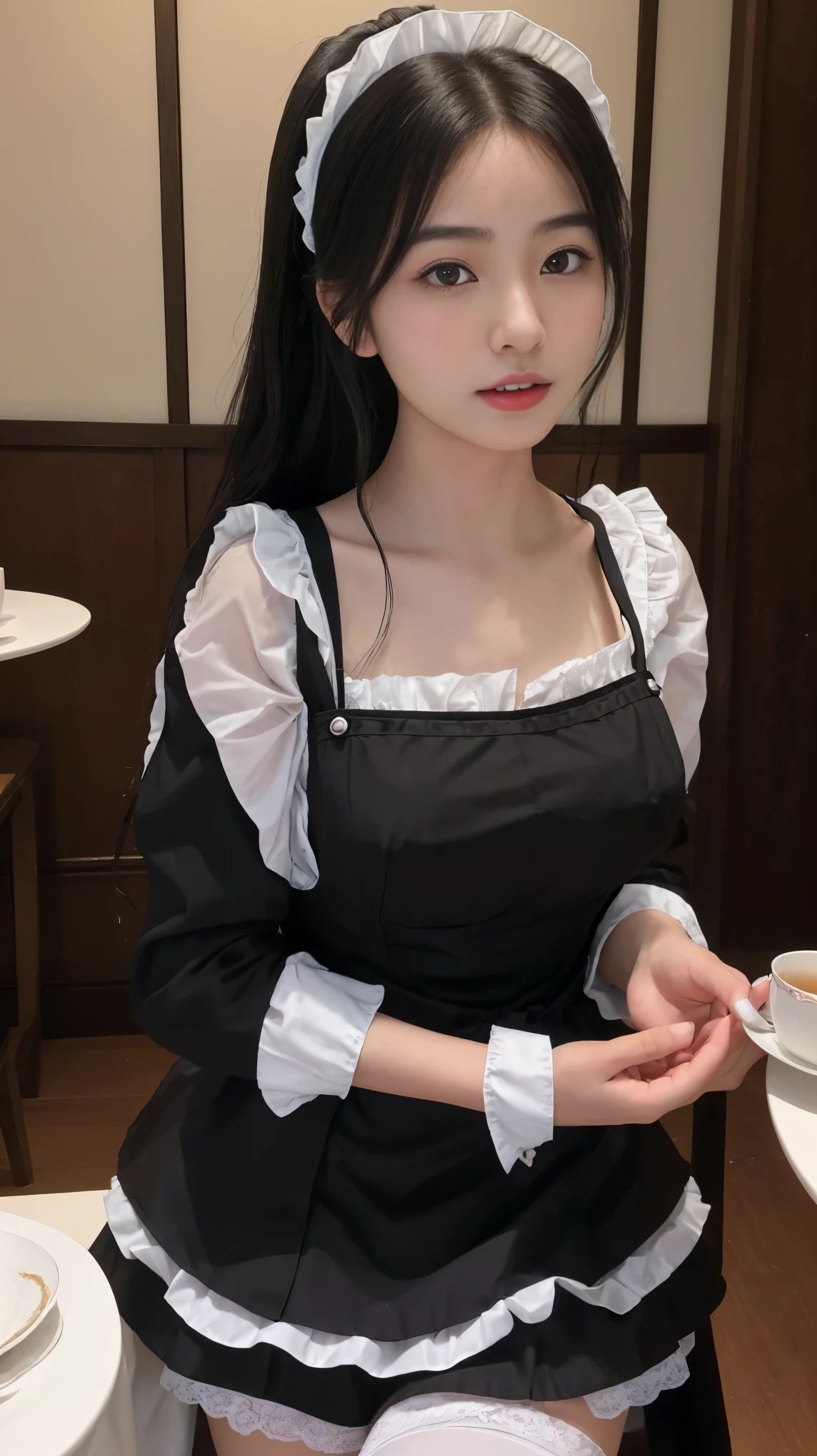 最high quality、high quality、best image quality、8K、最High resolution、High resolution、最high quality、masterpiece、Raw photo、whole body写真、Realistic human body in every detail、Realistic skin in every detail、Realistic face in every detail、Realistic eyes down to the details、Realistic lips in every detail、Realistic teeth in every detail、Realistic ears down to the last detail、Realistic hair down to the last detail、Realistic arms down to the last detail、Realistic reproduction of every detail、Realistic fingers in every detail、(fine hands、thumb1reference4)、Realistic feet in every detail、Realistic feet in every detail、Realistic breasts down to the last detail、((beautiful japanese girl))、(japanese model), (japanese woman)、((18 year old beautiful girl))、(black hair)、(random hairstyle)、((whole body))、((beautiful upturned chest))、(slim and perfect body)、(whole body光沢肌、Fair skin)、Detailed and realistic human body、detailed realistic skin、detailed realistic face、detailed realistic arms、detailed realistic fingers、Detailed realistic feet、detailed realistic breasts、A restaurant with a classic atmosphere、fine dining restaurant、((A girl enjoying tea time in the store))、((British Maid Outfits、French Maid Clothing、gothic maid outfit、german maid outfit、backless maid uniform、edwardian maid uniform、Garcon look maid outfit miniskirt maid outfit、Victorian maid clothes、classic maid costume、steampunk maid outfit))、random close-up