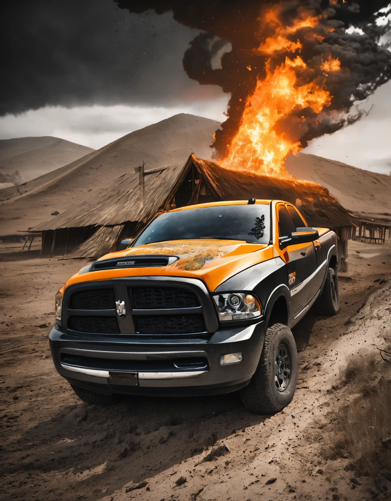 Double-masking photography, an angry goddess formed from the smoke of a 2005 dodge ram slt cummins pickup truck, goddess Earth crying, from the smoke exits a 2005 dodge ram slt cummins pickup truck , black smoke, fire, acid rain, by Dan Mountford, by Dan Hillier, negative space, intricate details, photo illustration, 100 mm lens, cinematic scenes, ink art