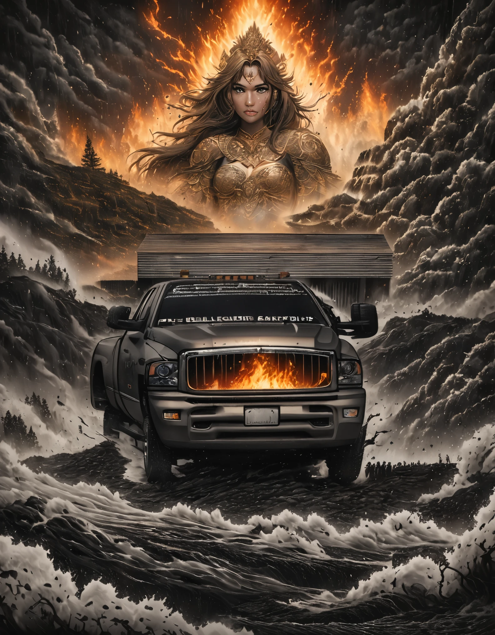 Double-masking photography, an angry goddess formed from the smoke of a 2005 dodge ram slt cummins pickup truck, goddess Earth crying, from the smoke exits a 2005 dodge ram slt cummins pickup truck , black smoke, fire, acid rain, by Dan Mountford, by Dan Hillier, negative space, intricate details, photo illustration, 100 mm lens, cinematic scenes, ink art