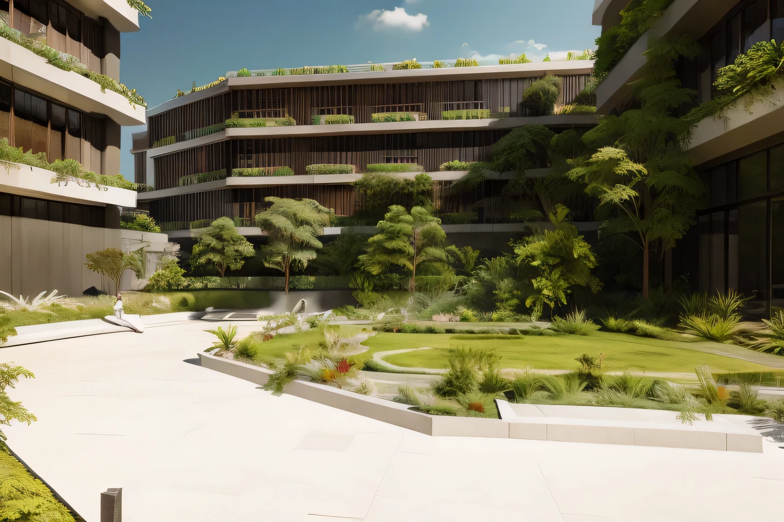 there is a courtyard with a lot of plants and trees, architectural render, architectural visualisation, architectural visualization, empty buildings with vegetation, architecture render, render corona, digital rendering, lumion render, mid-view, rendered in lumion pro, architectural rendering, lumion rendering, research complex, professional render, highly detailed render, high-quality render, with vegetation