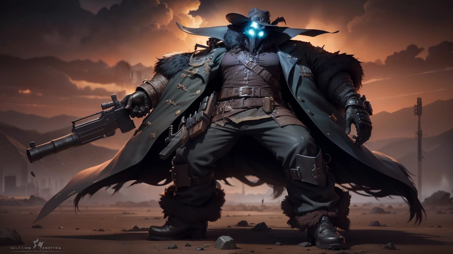Image of a man in a hat and leather pants with a gun, Portrait of a Bloody Hunter, post - apocalyptic cowboy, design de personagens de fantasia sombria, arte estilizada de fantasia urbana, espantalho masculino poderoso, the plague doctor, retrato do velho necromante, trends on Artstation, Velho Oeste Cyberpunk, Fantasia Grimdark Steampunk, o pistoleiro