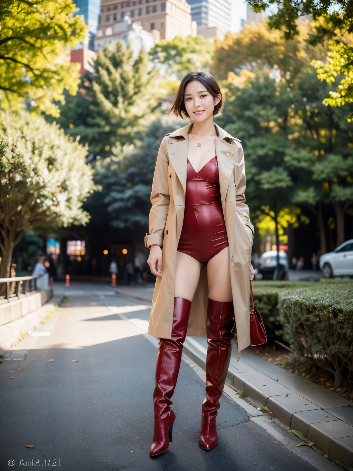 (Raw photo:1.2), (realistic:1.4),beautiful detailed woman,非常にfine eyesと顔, fine eyes, Super detailed,High resolution, very detailed,highest quality,enlightenment,unified,8k wallpaper,masterpiece,highest quality,1 female,alone,rich,Full body Esbian,(standard body shape:1.1)、(D cup breasts:1.1),(toned body shape),There'leg meat,slim waist,alone,(Wear a trench coat:1.6)、(Red Leotard:1.4)、(knee high boots:1.2),jewelry necklace short hair,gentle smile,dignified atmosphere,black eye,realistic,central park , (morning park:1.1)、(Are standing:1.2)