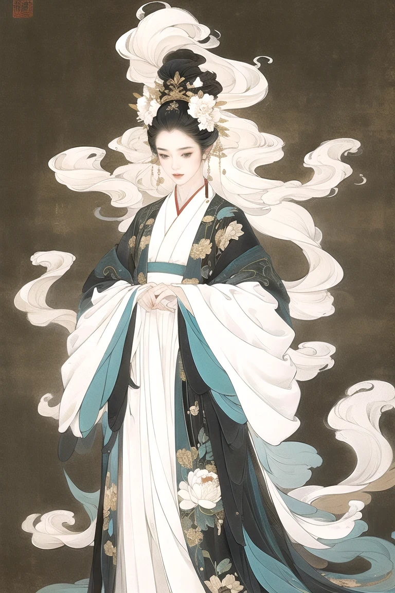 ((4k,masterpiece,best quality)), shuimobysim, traditional chinese ink painting, lotus, hanfu, maxiskit, dress conservatively 1 girl, solo, white hair, long hair, fox ears, white, bikini, fish, many fish near girl, look at viewer, tease