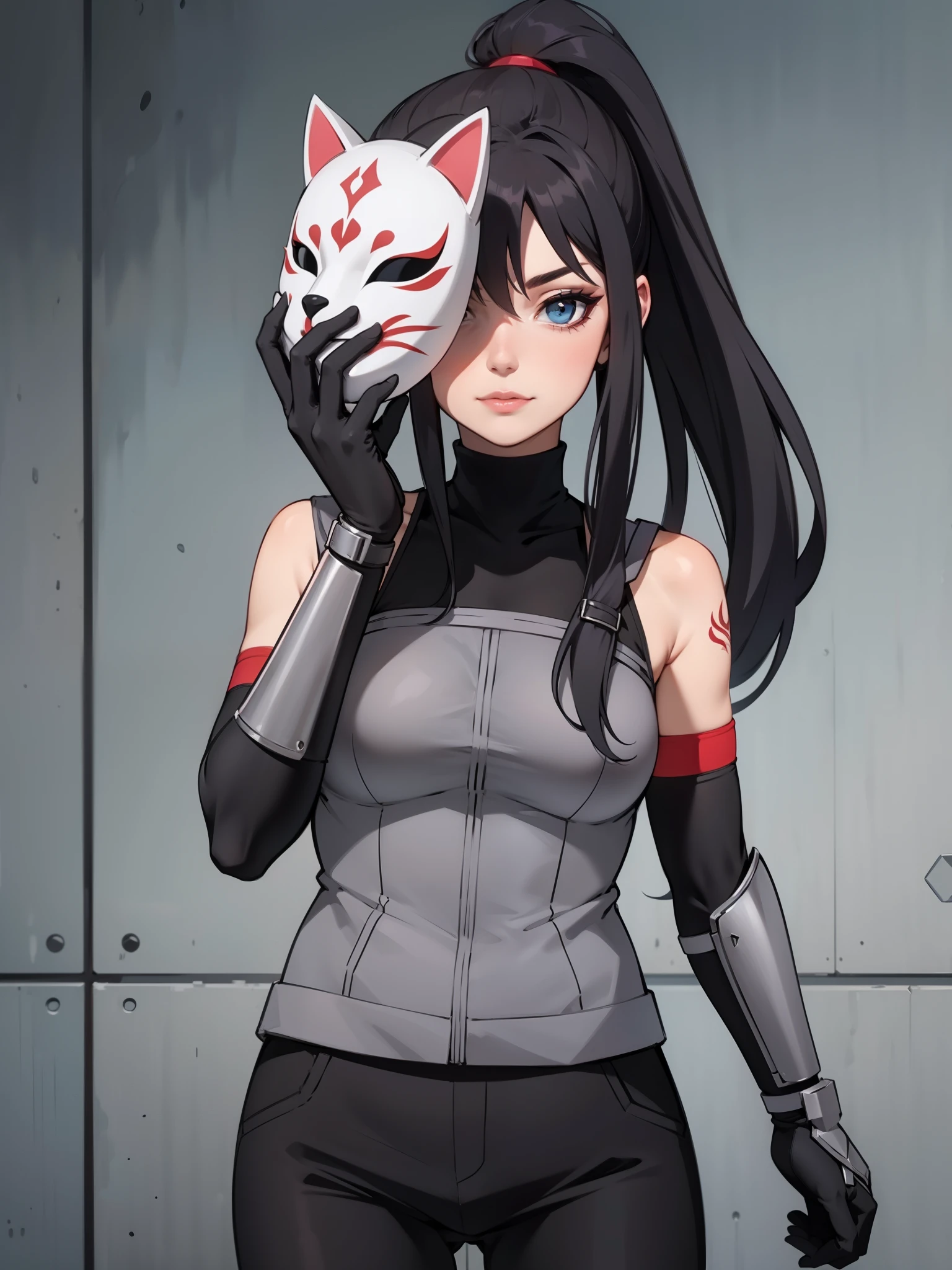 perfect eyes:1.2, detailed eyes:1.4, black hair, ponytail, very long hair, mask on hand, covering face, cat mask, grey armor:1.2, grey arm guards, black elbow gloves, black shirt, sleeveless, turtleneck, black pants, red arm tattoo, 1girl, solo, (masterpiece:1.6, best quality),