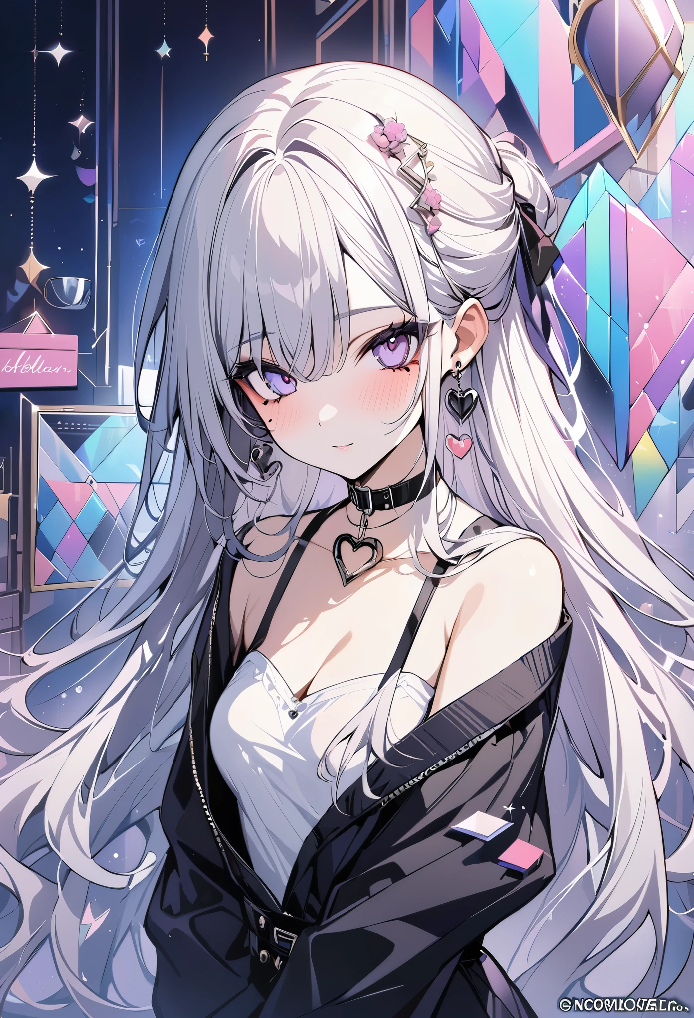 ,beautiful flower々）,mole under eye, heart shaped choker, (masterpiece, highest quality), official art, beautiful and aesthetic: 1.2), (1 girl), very detailed, (geometry art: 1.3), colorful
