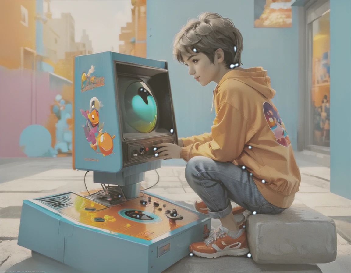 ((masterpiece: 1.5, distant shot, profile: 1.5)). (retro boy playing sitting in a chair in his room, ((playing Pac Man Atari Cx-2600 Cr C/2 Controls Console, on a retro television: 1.6, perfectly proportioned))), (the shot has to be far away the child and the Pac Man game on the Atari console are well appreciated: 1.5), sports clothing, (clothing and details with a wide variety of bright color tones, cyan, earth colors, oranges, greens: 1.3)).(composition perfect:1.4), all extremely detailed and realistic with youthful features., A perfect person, happy, smiling, fun, Her lips are a uniform shade of pink. Includes fun and impressive features. Very realistic eyes. His eyes, face and body are important and must be hyper-realistic. Very detailed and beautiful. In high definition and detail, lots of energy and emotion, enhanced details, Pay special attention to his face and make sure it is beautifully detailed and realistic.... camera: this art is dreamlike and ethereal and the camera should emphasize those features. Create something strikingly beautiful. Use dynamic composition techniques, ((Imaginative scene)),((perfect, meticulously detailed:1.4)), ((full shot: 1.4, dynamic pose:1.3)), ((Best quality)), ((masterpiece) ), 3d, (Hyper Detailed: 1.3), ((Cityscape: 1.3)), (Photorealistic: 1.4), ((Low Light Night Cinema Lighting: 1.2)).32k.