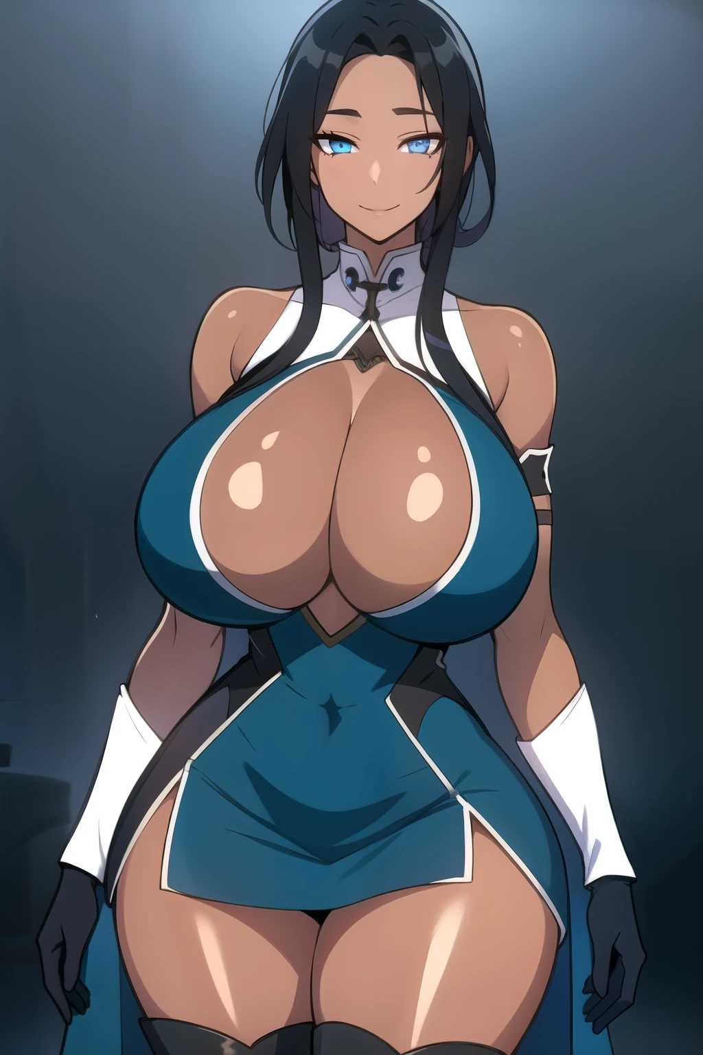 masterpiece, best quality, absurdres, 8k, perfect shadows,perfect lighting,hdr, cowboy shot,shiny skin,skindentation, beautiful body, kafka, ((black hair: 1.4)), long hair, (blue eyes: 1.4), (chinese dress, cleavage, elbow gloves, thigh boots, split skirt, bare shoulders, curvy, midriff, curvy, thighs, higheels, shiny clothes), complex detailed background, inside, luxury palace) (gigantic breasts,hourglass body, thin waist,very slim waist)extremely detailed face,detailed eye makeup, detail face, nice detailed eyes,nice hands, perfect hands (realistic pupils,realistic iris:1) heavy eye makeup,glowing eyes, Bright eyes,standing,standing at attention,(seductive smile), gigantic breasts, curvy, cowboy shot, (( tan skin: 1.1)), (( tan face: 1.1))