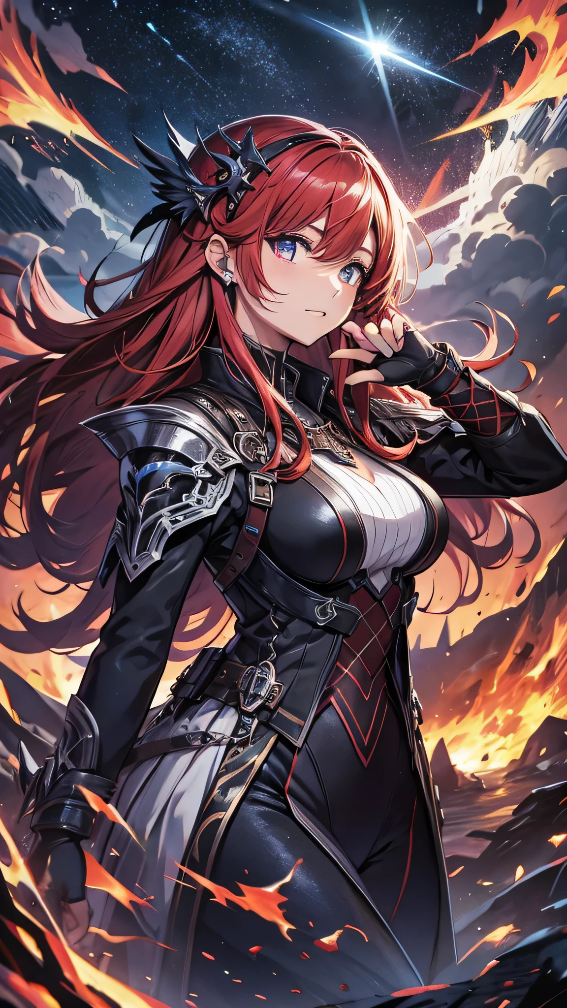 最high quality、best image quality、masterpiece、girl((20-year-old、 By becoming、vest bust、medium bust,wide open breast tea、shining eyes, glowing red hair、long hair、thin,highest valley、black and red suit、Wristband、black gloves、fighting pose、inflammation from the whole body、sharp nails)),high quality、beautiful art、background((inflammation、volcano、magma、eruption、meteorite、bright red sky、firebird))、Flight、debris flies、Depth of written boundary、movie、visual art、perfect art、8K,genuine、