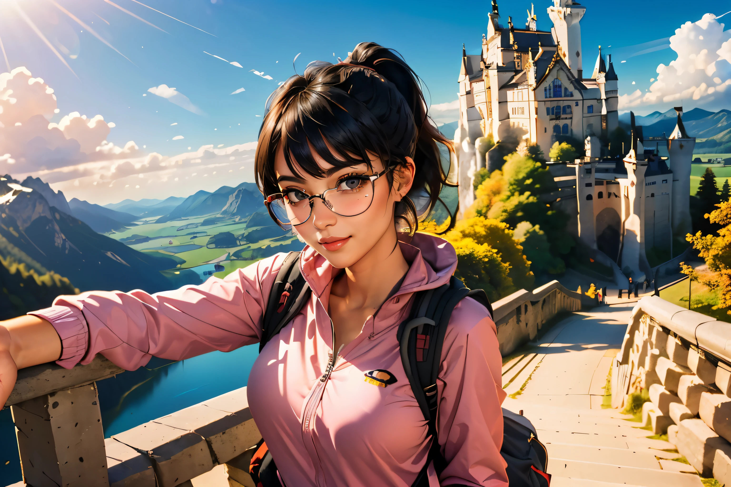 ((wide angle shot)) beautiful female tourist, black hair, ponytail, bangs, wearing large glasses, smirk, ((wearing a Backpacker style outfit)), morning light, Neuschwanstein Castle, Schwangau